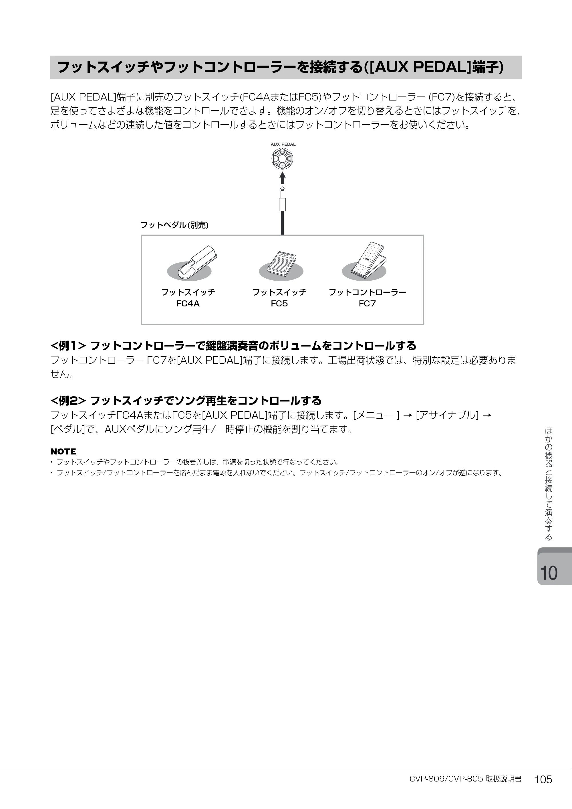 ヤマハ CVP-809 / CVP-805 CVP-809/CVP-805 取扱説明書 — フットスイッチやフットコントローラーを接続する([AUX PEDAL]端子) — 原本ページ — 105ページ