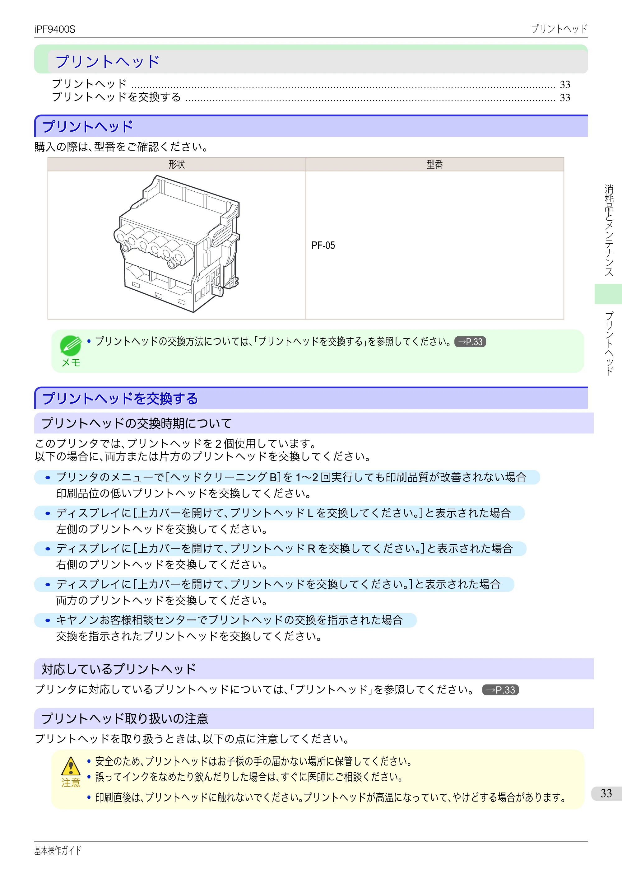 キヤノン iPF9400S 基本操作ガイド（PDF：20.9MB） — プリントヘッド — 原本ページ — 33ページ
