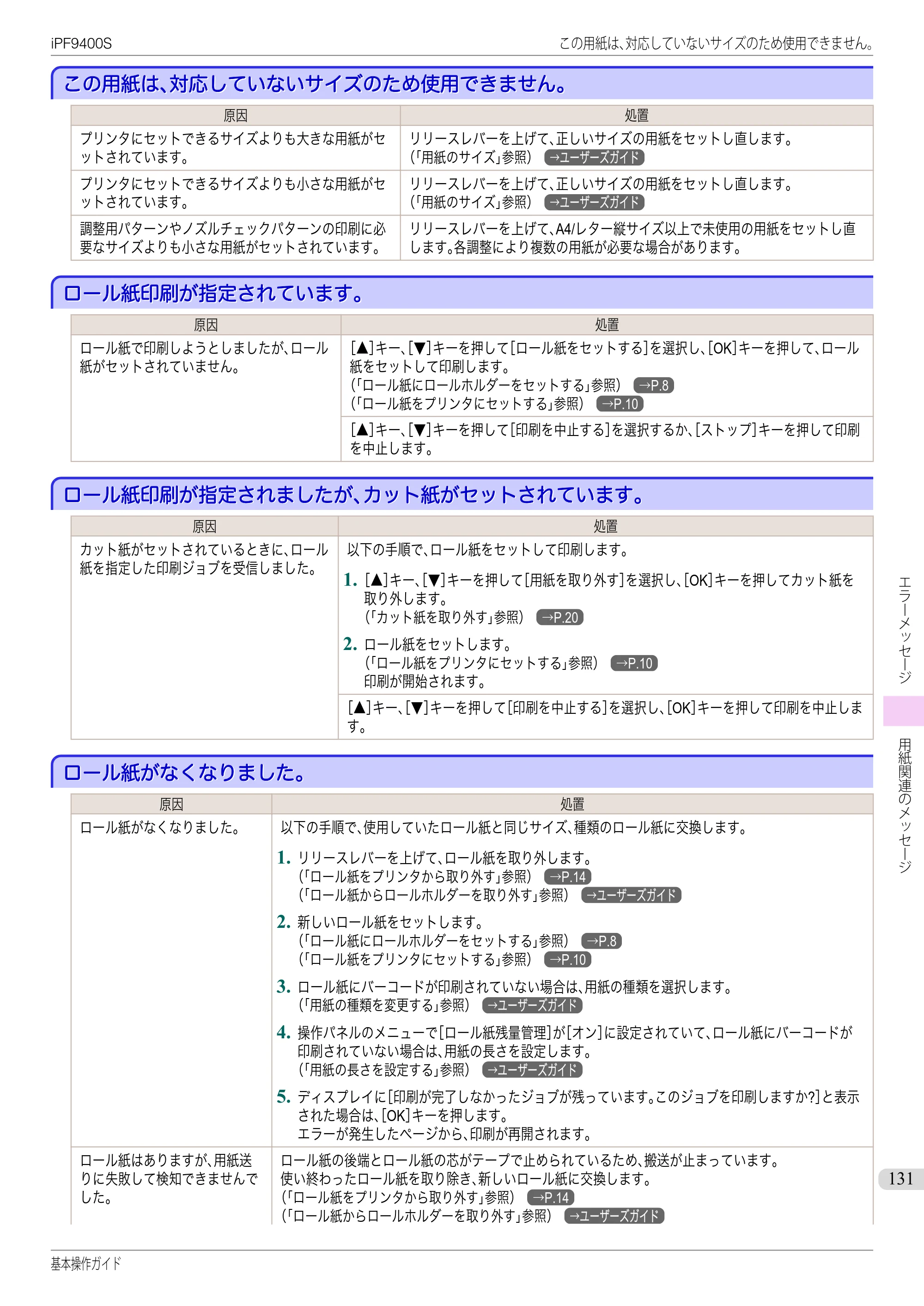 キヤノン iPF9400S 基本操作ガイド（PDF：20.9MB） — この用紙は､対応していないサイズのため使用できません｡ — 原本ページ — 131ページ