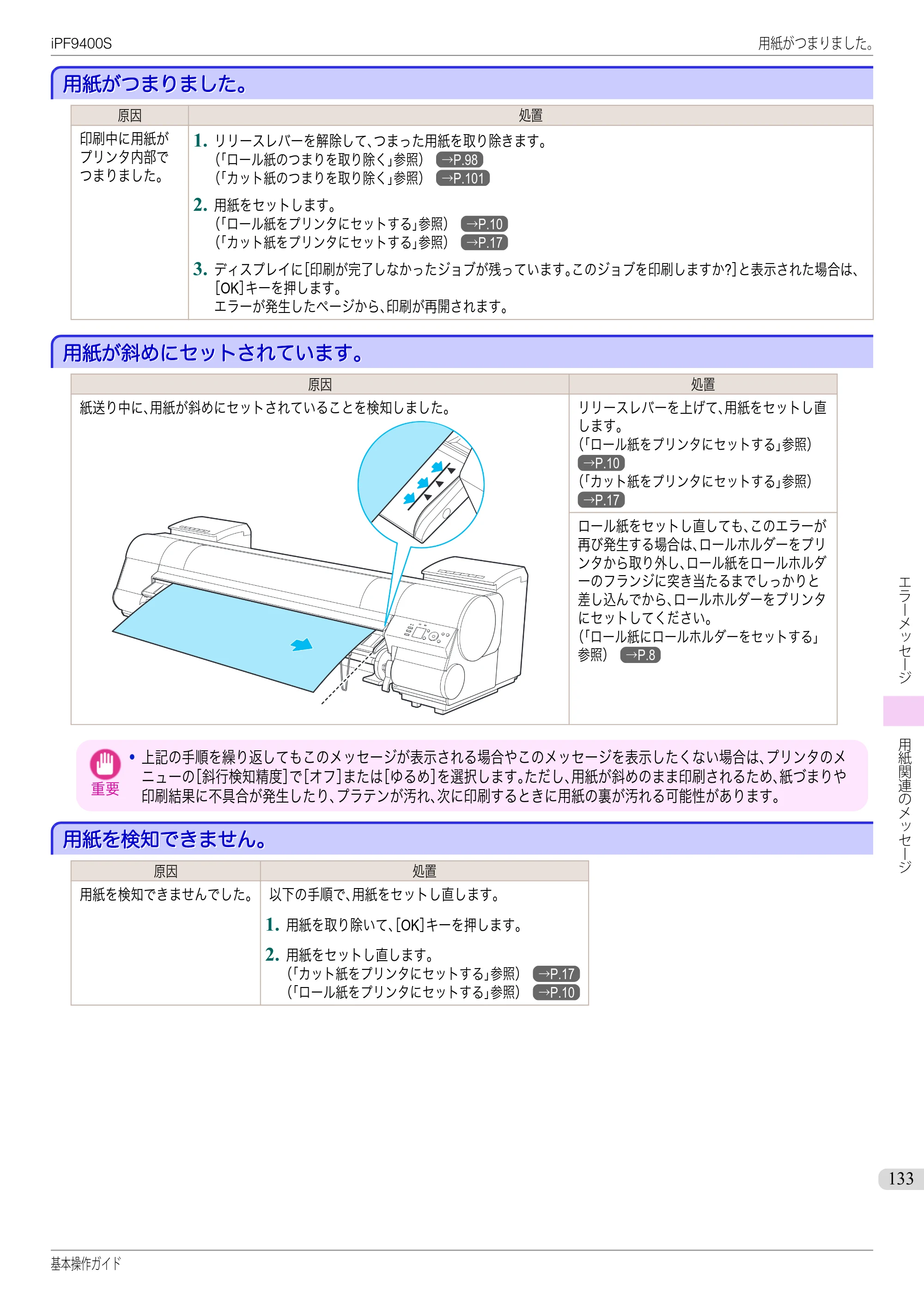 キヤノン iPF9400S 基本操作ガイド（PDF：20.9MB） — 用紙がつまりました。 — 原本ページ — 133ページ