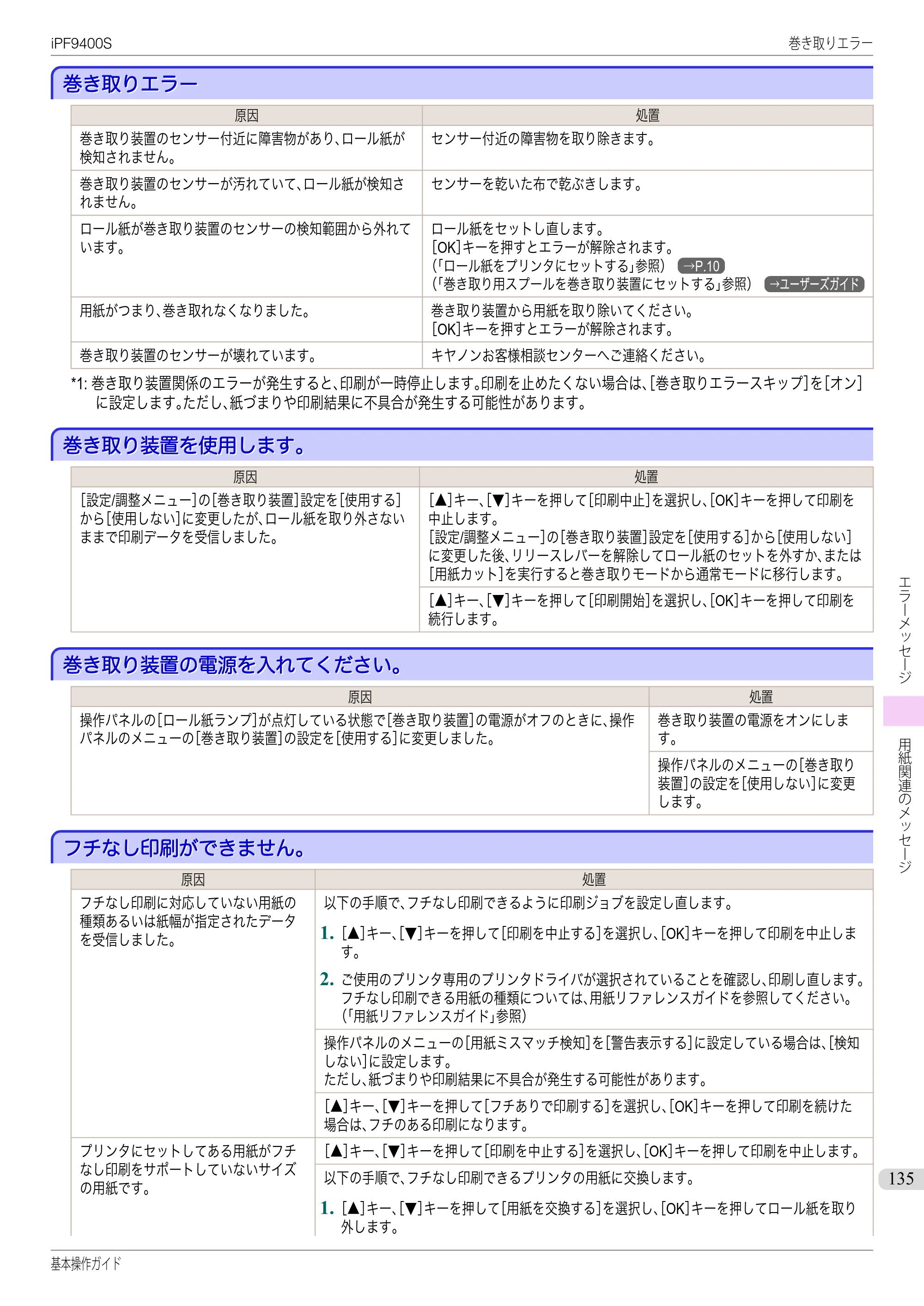 キヤノン iPF9400S 基本操作ガイド（PDF：20.9MB） — 巻き取りエラー — 原本ページ — 135ページ