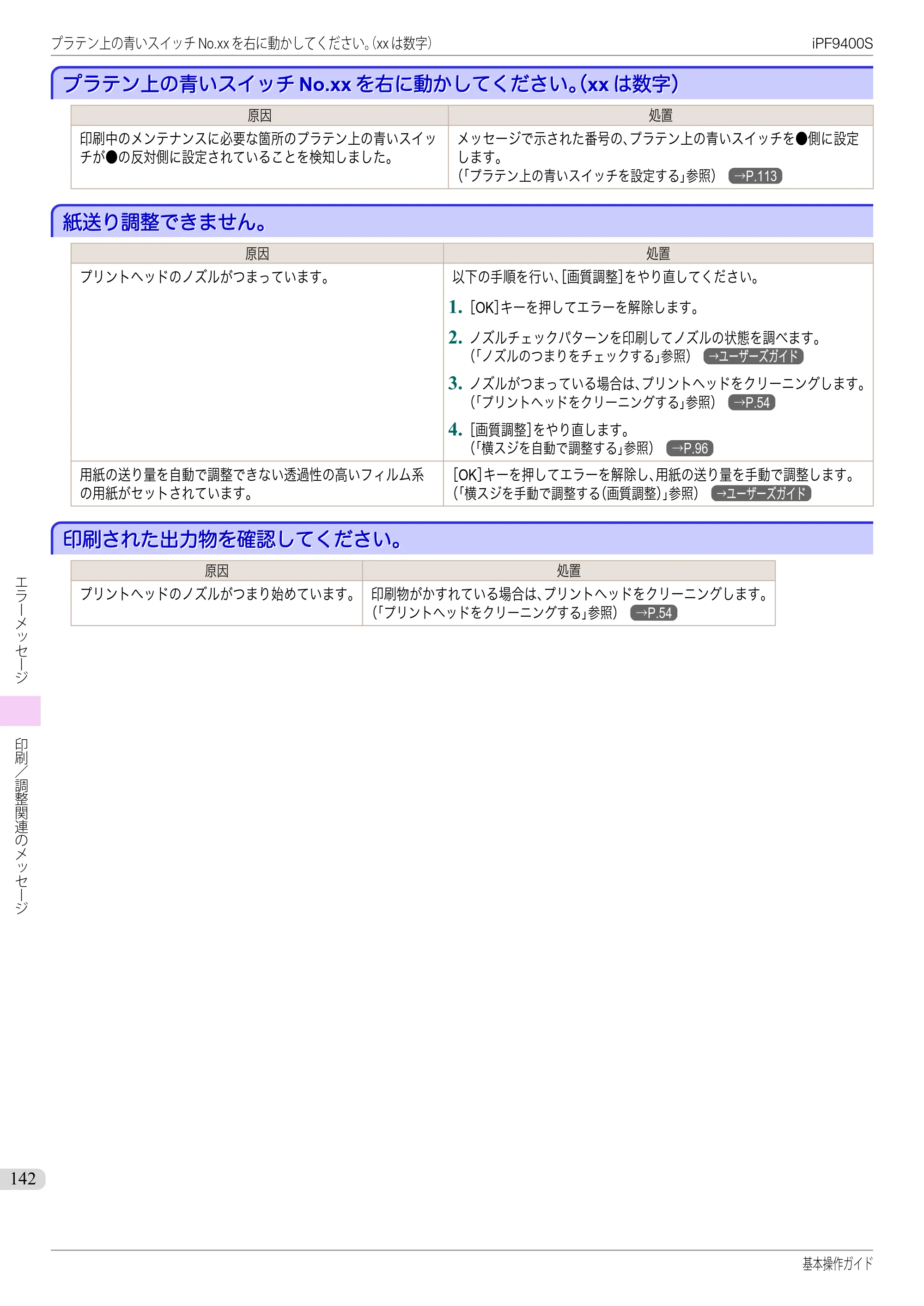 キヤノン iPF9400S 基本操作ガイド（PDF：20.9MB） — プラテン上の青いスイッチNo.xxを右に動かしてください｡（xxは数字） — 原本ページ — 142ページ