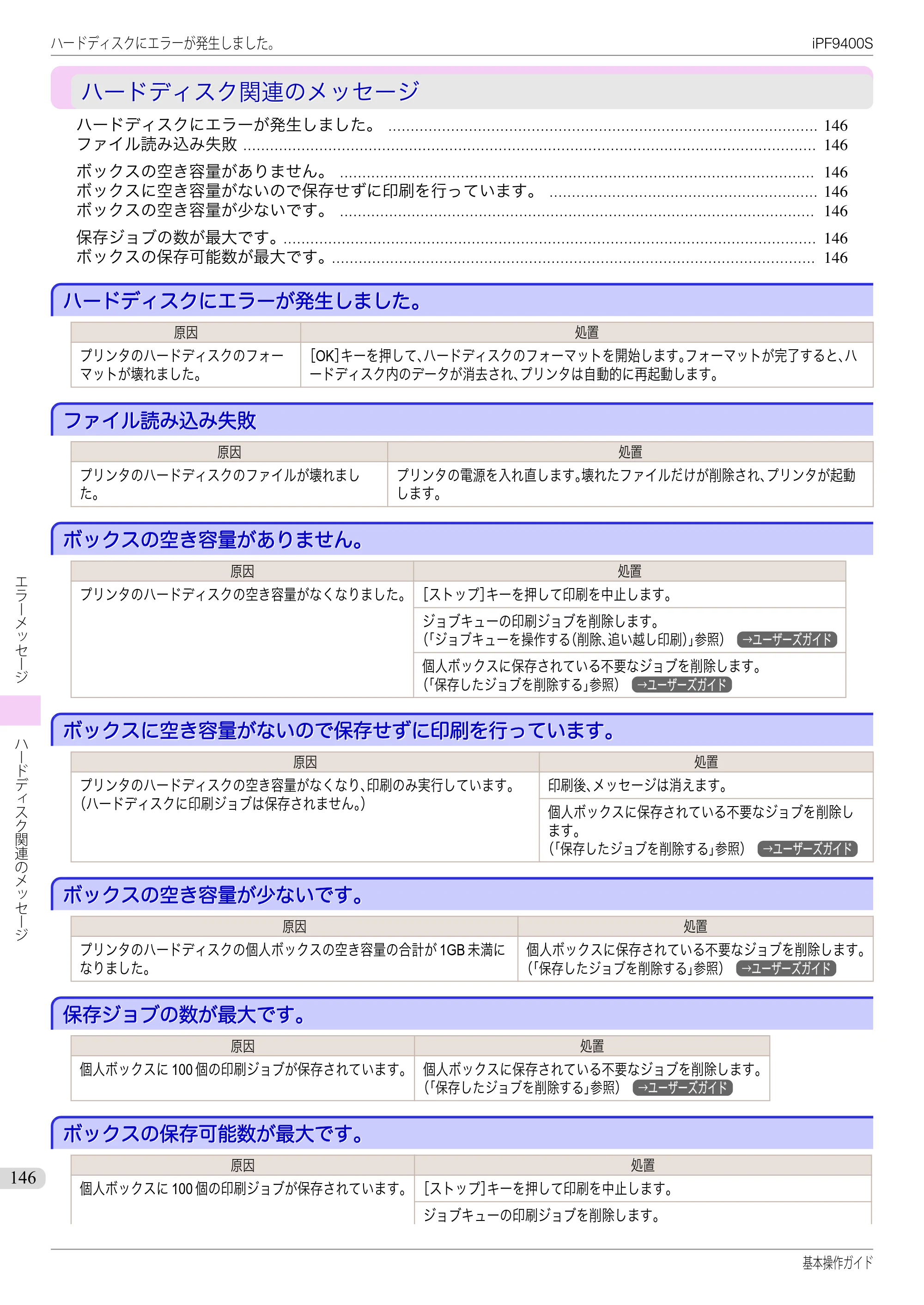 キヤノン iPF9400S 基本操作ガイド（PDF：20.9MB） — ハードディスク関連のメッセージ — 原本ページ — 146ページ