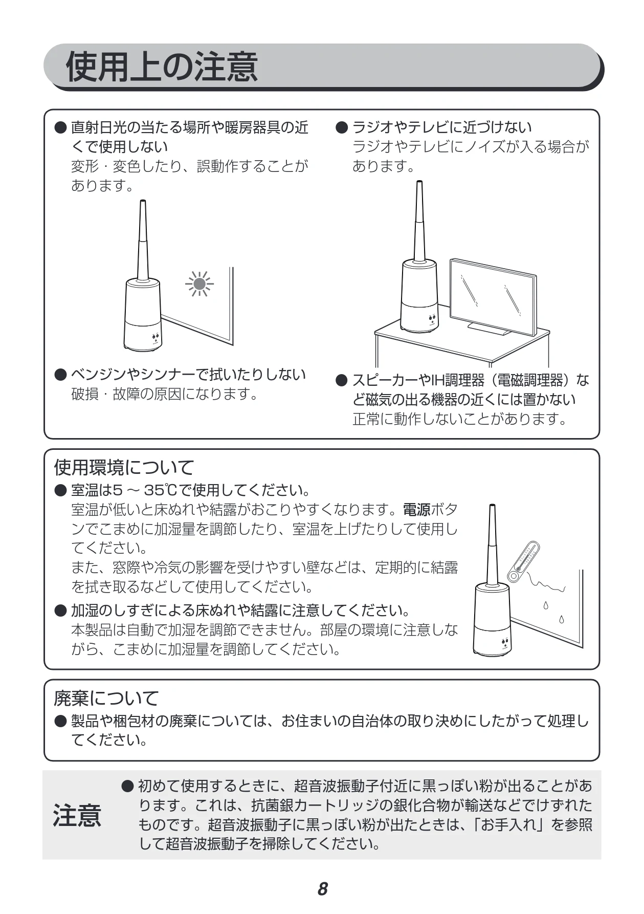 アイリスオーヤマ UHM-280CM 取扱説明書 — 使用上の注意 — 図版 8-1 — 8ページ