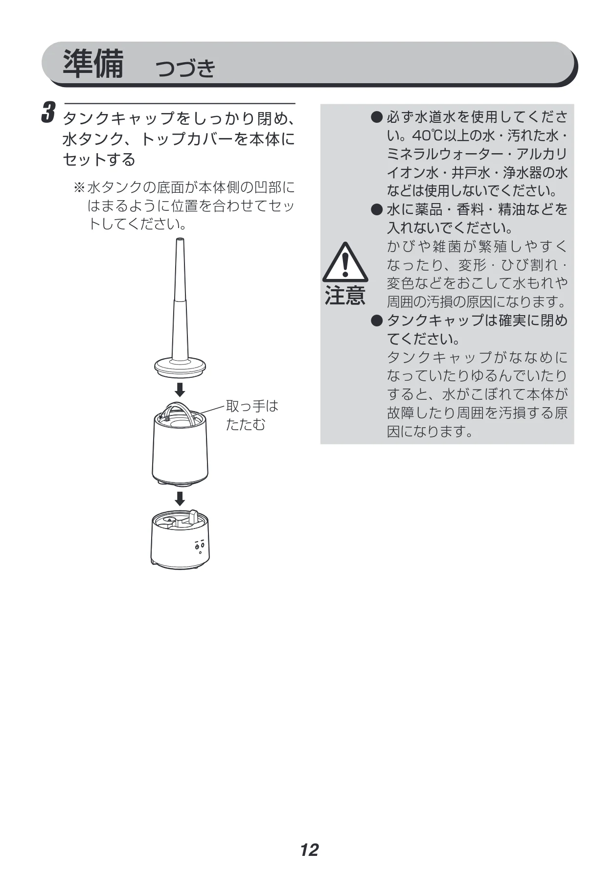 アイリスオーヤマ UHM-280CM 取扱説明書 — 準備 つづき — 図版 12-1 — 12ページ