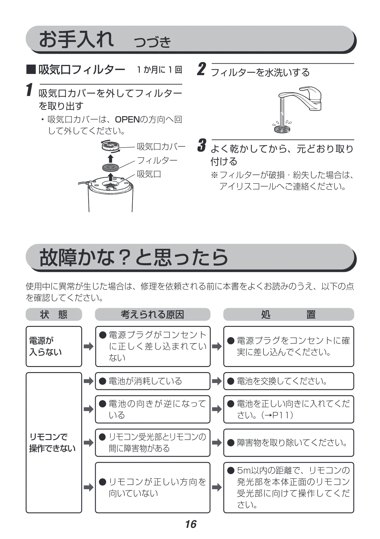 アイリスオーヤマ UHM-280CM 取扱説明書 — お手入れ つづき — 図版 16-1 — 16ページ