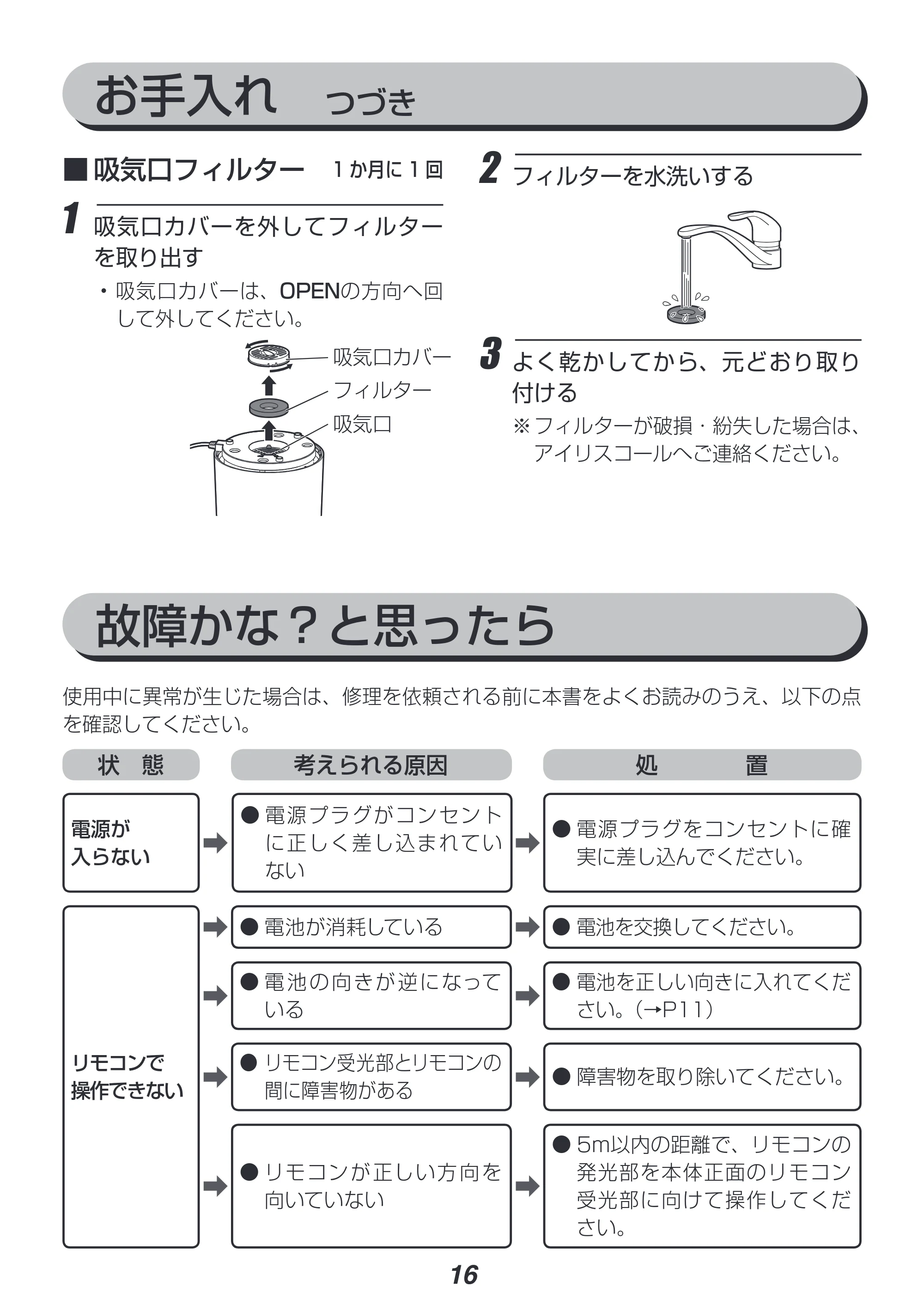 アイリスオーヤマ UHM-280CM 取扱説明書 — お手入れ つづき — 原本ページ — 16ページ