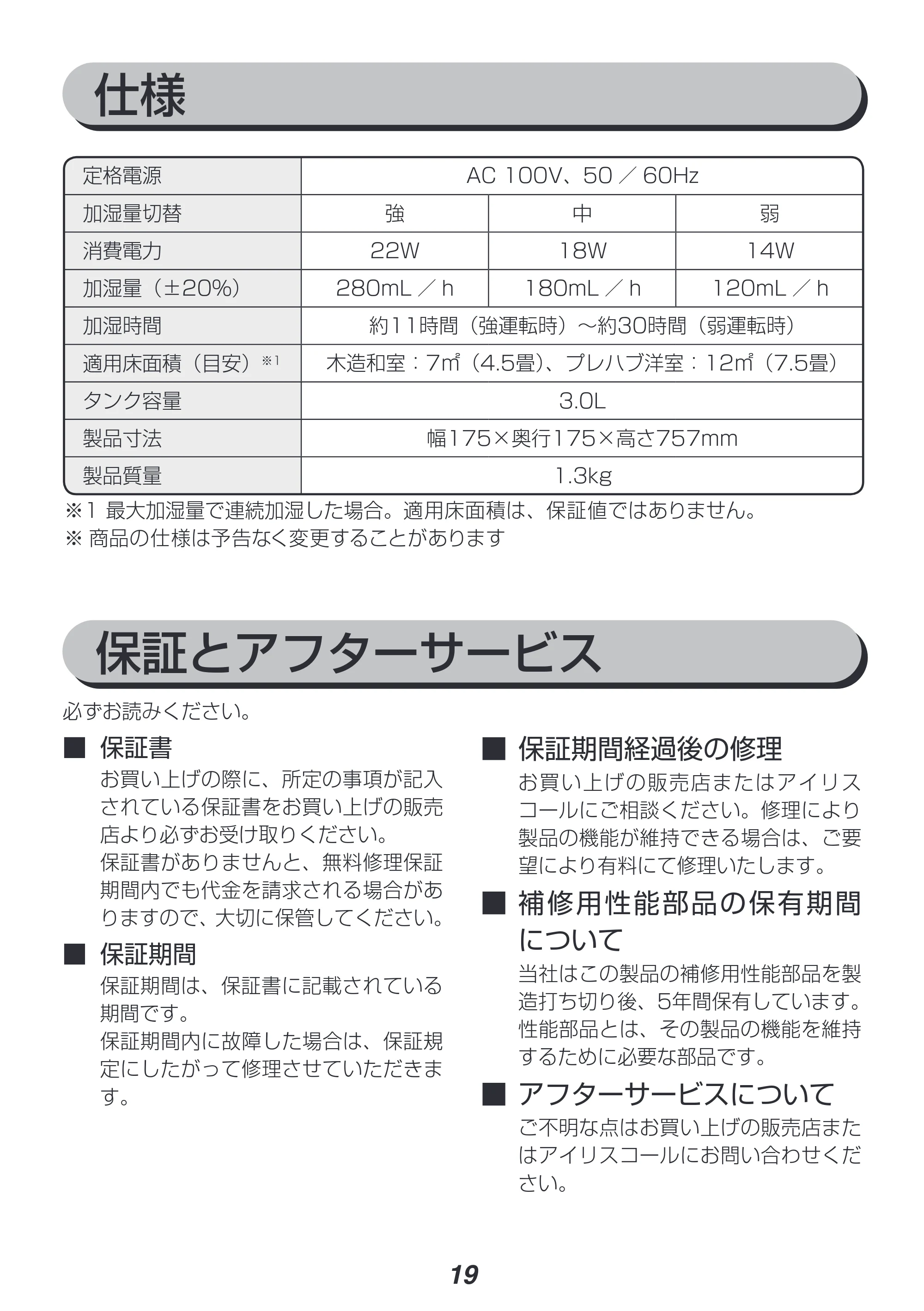 アイリスオーヤマ UHM-280CM 取扱説明書 — 保証とアフターサービス — 原本ページ — 19ページ