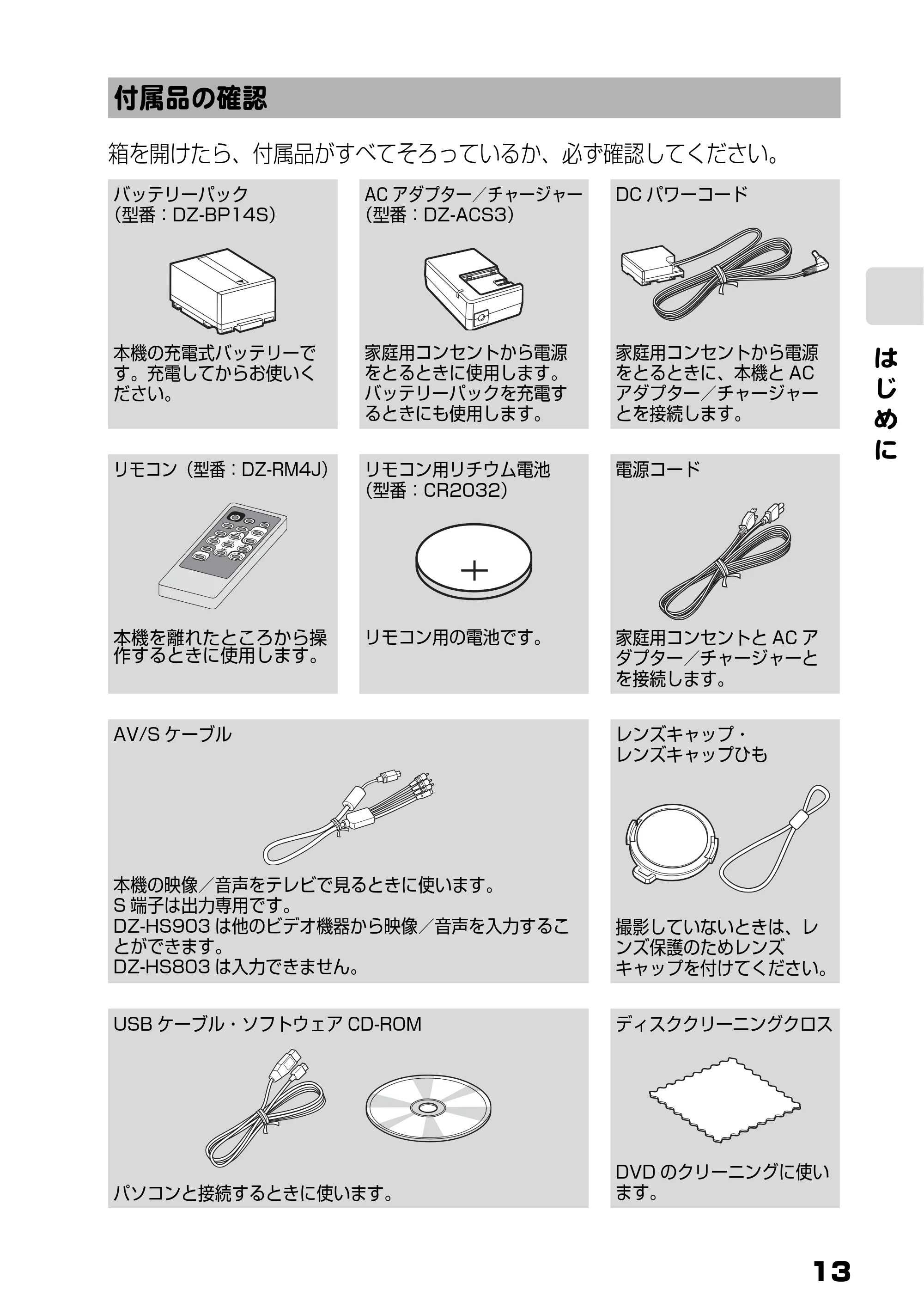 日立 DZ-HS803 / DZ-HS903 取扱説明書 — 付属品の確認 — 原本ページ — 13ページ