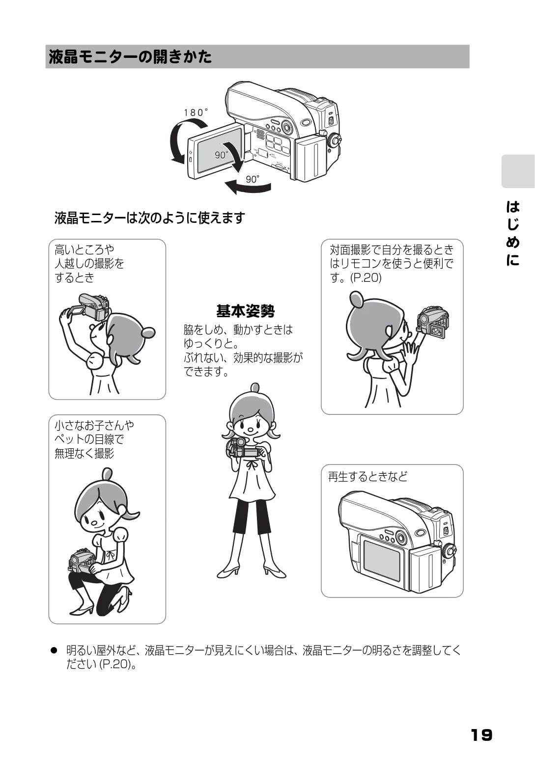日立 DZ-HS803 / DZ-HS903 取扱説明書 — 液晶モニターの開きかた — 図版 19-1 — 19ページ