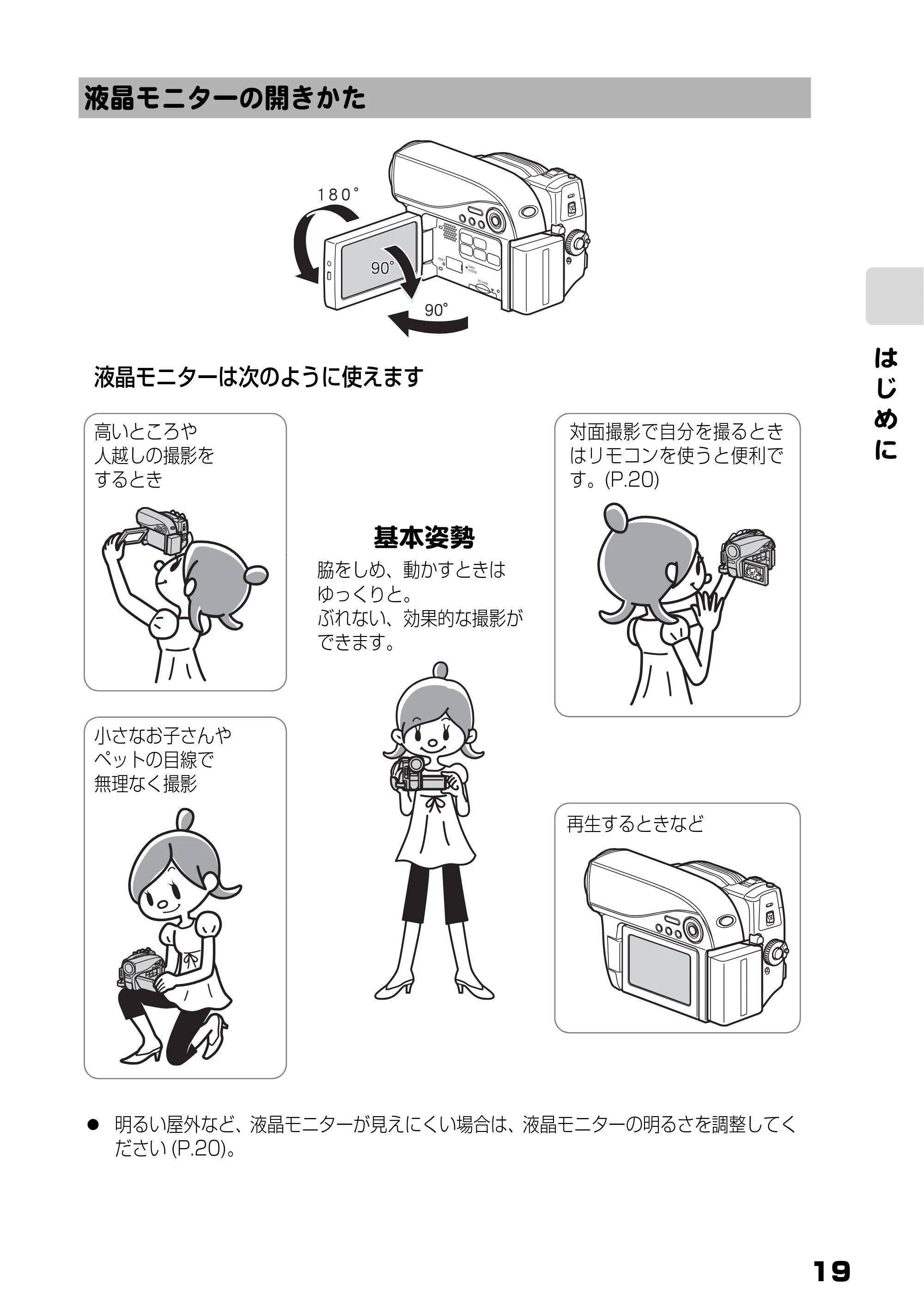 日立 DZ-HS803 / DZ-HS903 取扱説明書 — 液晶モニターの開きかた — 原本ページ — 19ページ