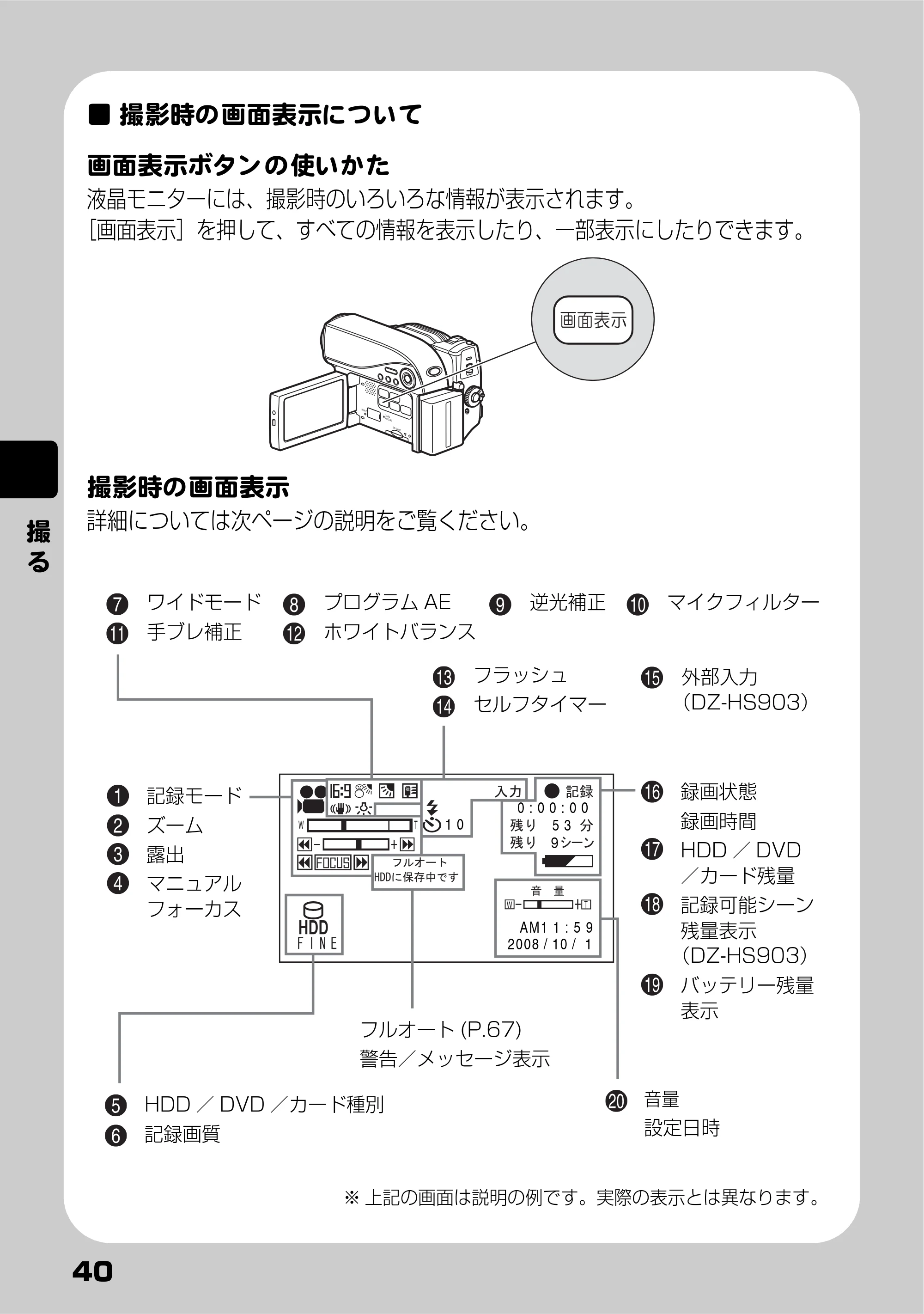 日立 DZ-HS803 / DZ-HS903 取扱説明書 — 撮影時の画面表示について — 原本ページ — 40ページ