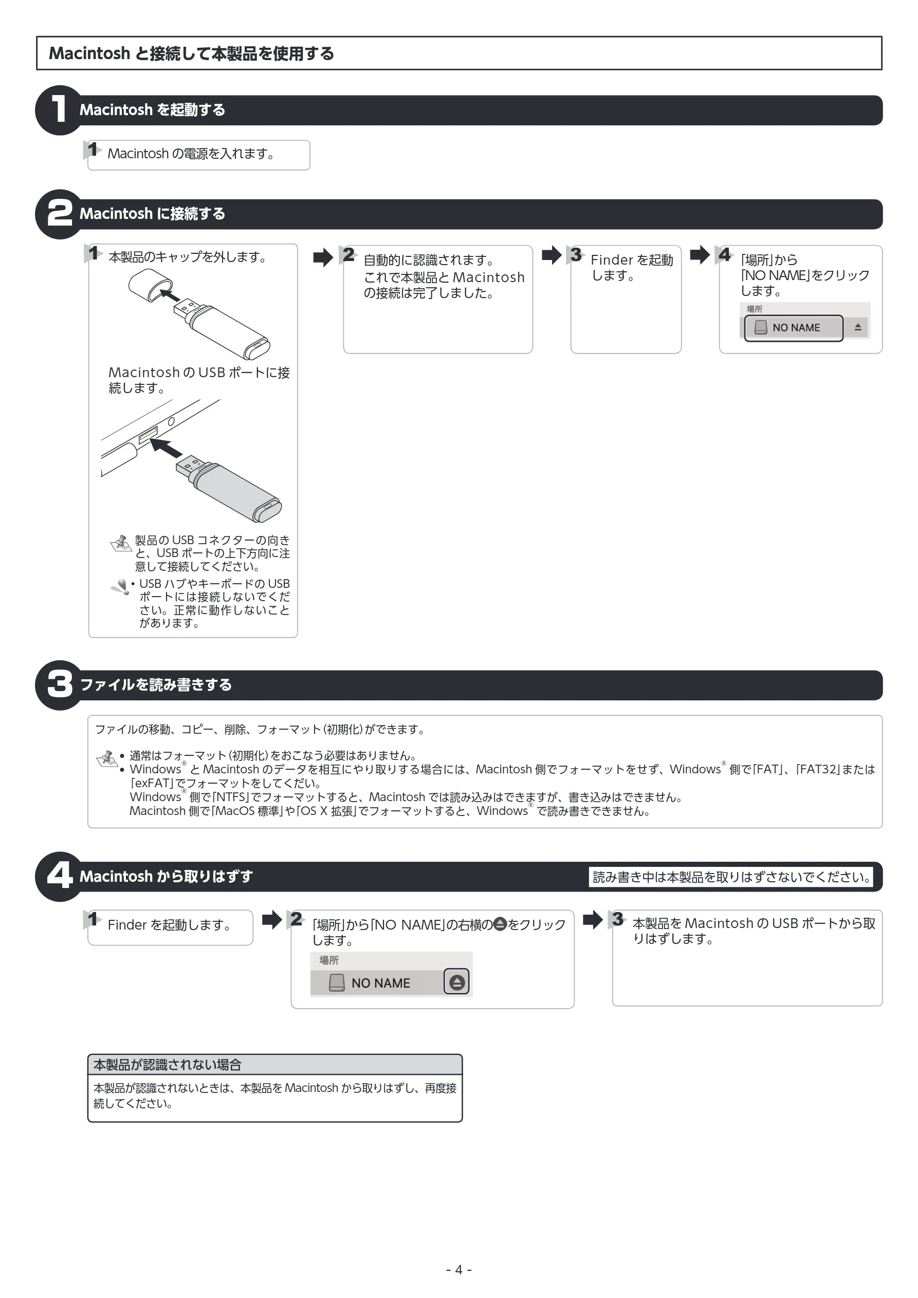 エレコム MF-HTU3B032GBK / MF-HTU3B032GBU / MF-HTU3B032GPN 取扱説明書 — Macintosh を起動する 1 — 図版 4-1 — 4ページ