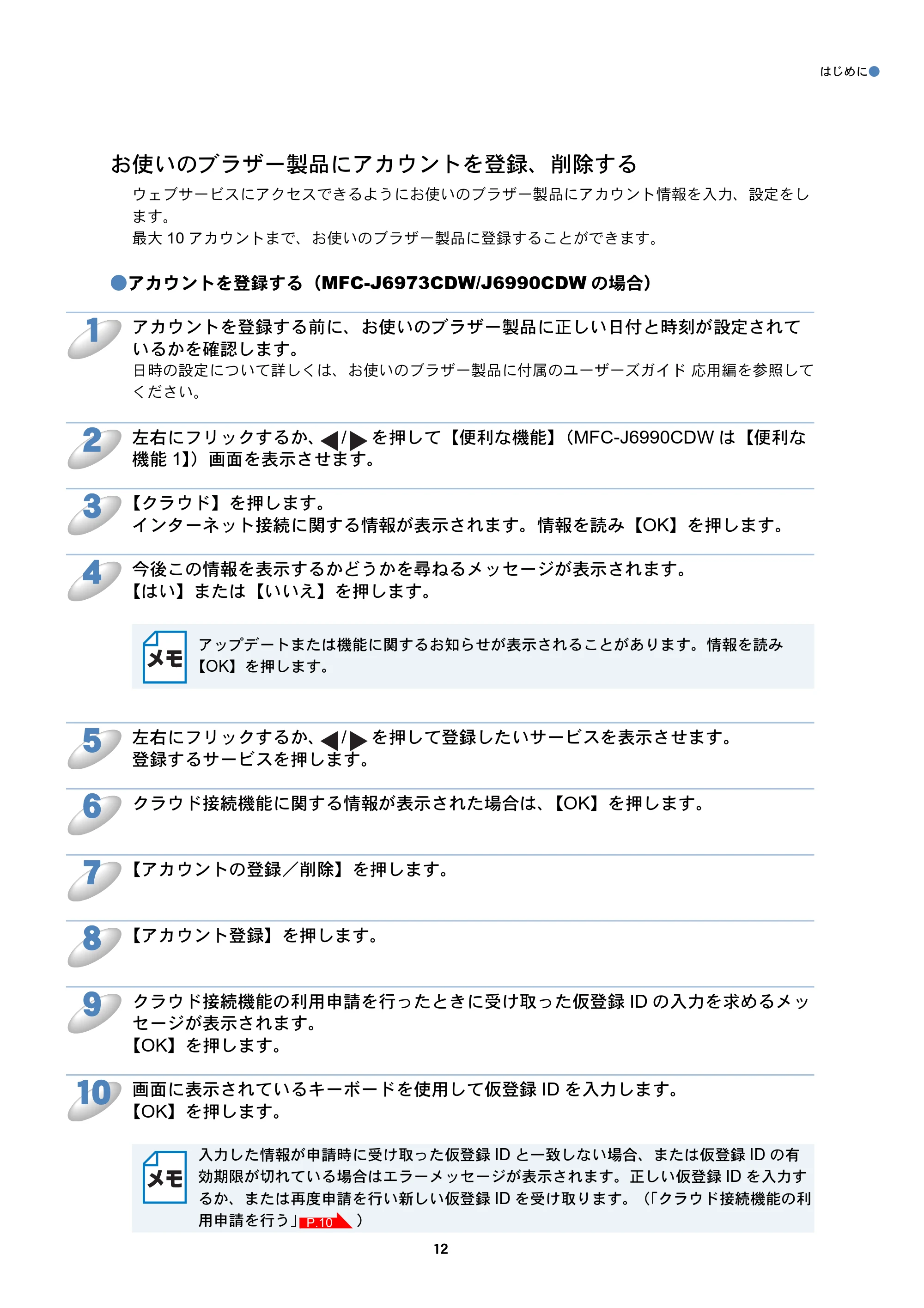ブラザー MFC-J6573CDW / MFC-J6973CDW / MFC-J6990CDW クラウド接続ガイド — お使いのブラザー製品にアカウントを登録、削除する — 原本ページ — 12ページ
