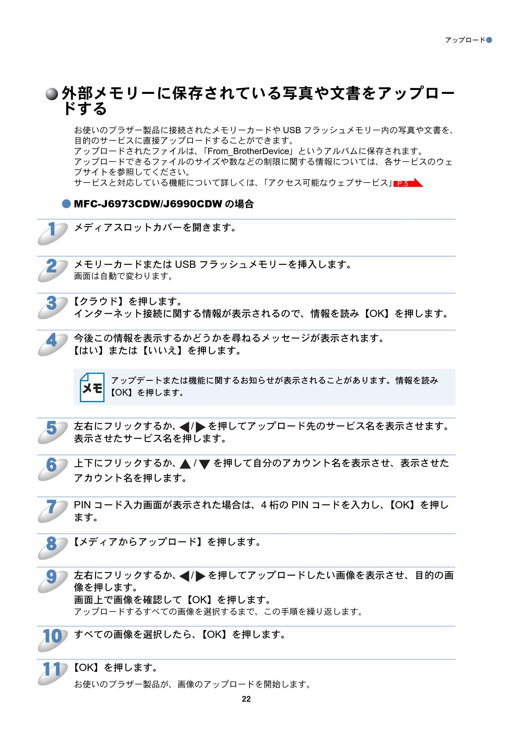 ブラザー MFC-J6573CDW / MFC-J6973CDW / MFC-J6990CDW クラウド接続ガイド — 外部メモリーに保存されている写真や文書をアップロードする — 原本ページ — 22ページ