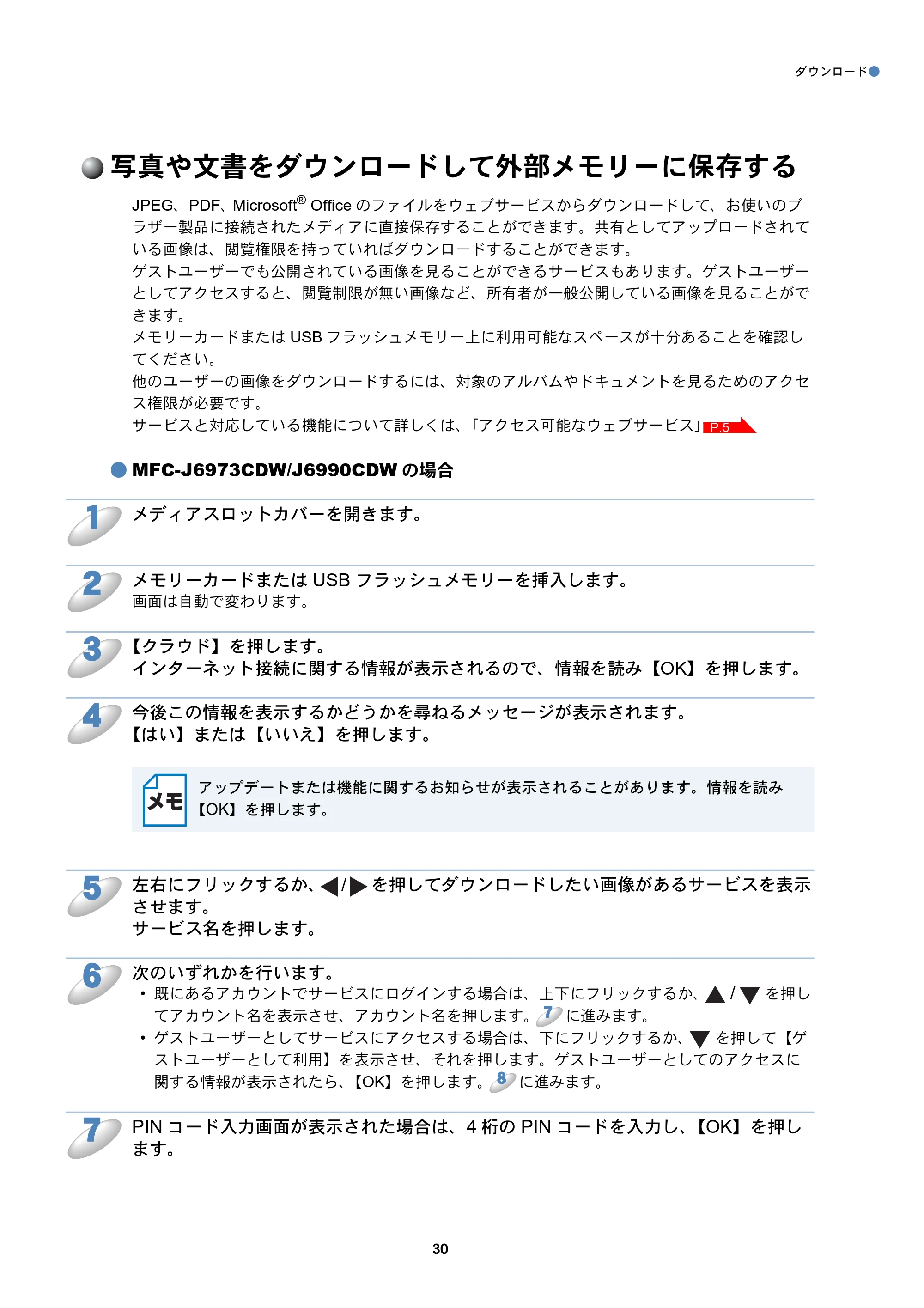 ブラザー MFC-J6573CDW / MFC-J6973CDW / MFC-J6990CDW クラウド接続ガイド — 写真や文書をダウンロードして外部メモリーに保存する — 原本ページ — 30ページ