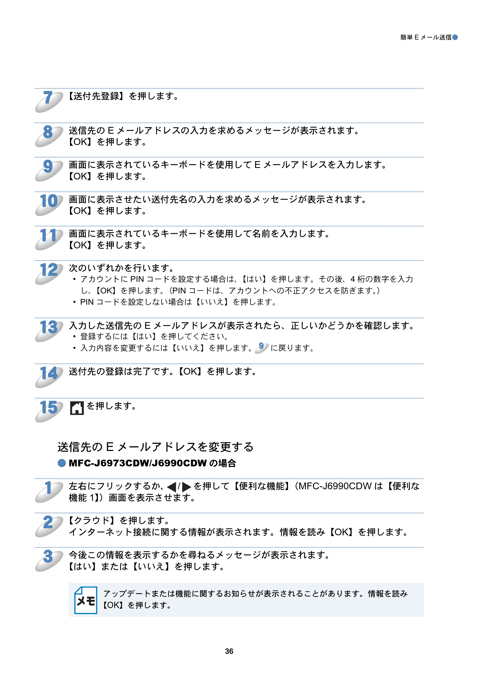 ブラザー MFC-J6573CDW / MFC-J6973CDW / MFC-J6990CDW クラウド接続ガイド — 送信先のEメールアドレスを変更する — 原本ページ — 36ページ