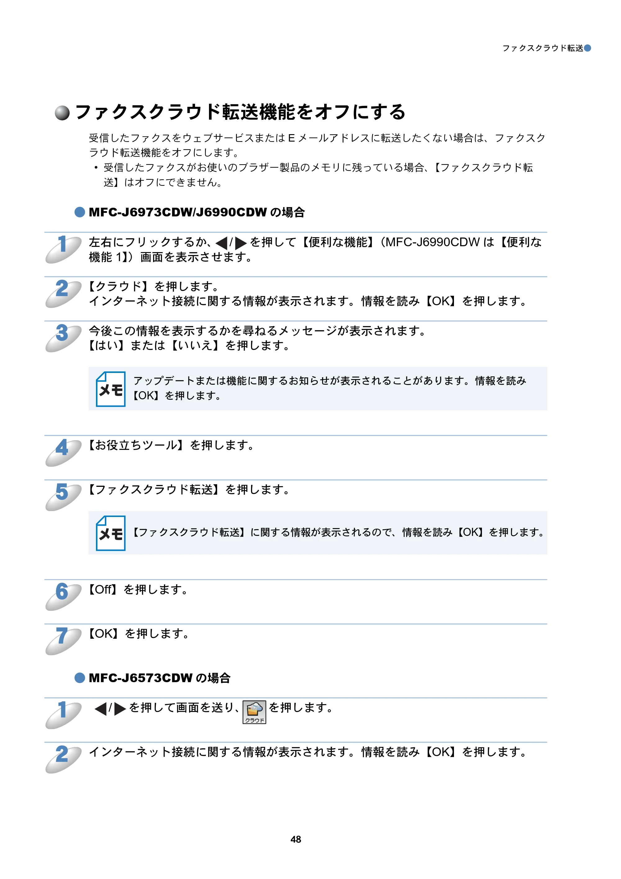 ブラザー MFC-J6573CDW / MFC-J6973CDW / MFC-J6990CDW クラウド接続ガイド — ファクスクラウド転送機能をオフにする — 原本ページ — 48ページ