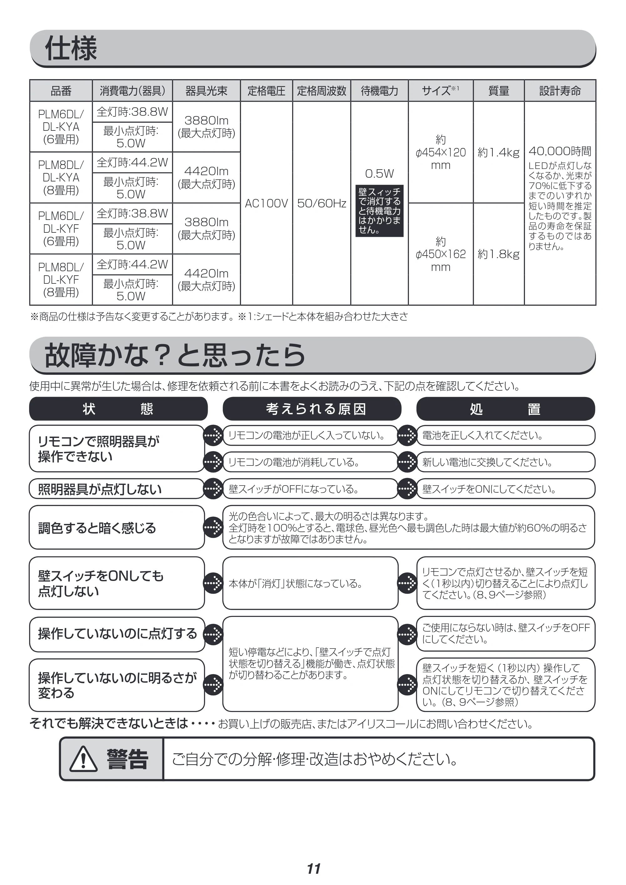 アイリスオーヤマ PLM8DL / DL-KYA 取扱説明書 — 原本ページ — 11ページ