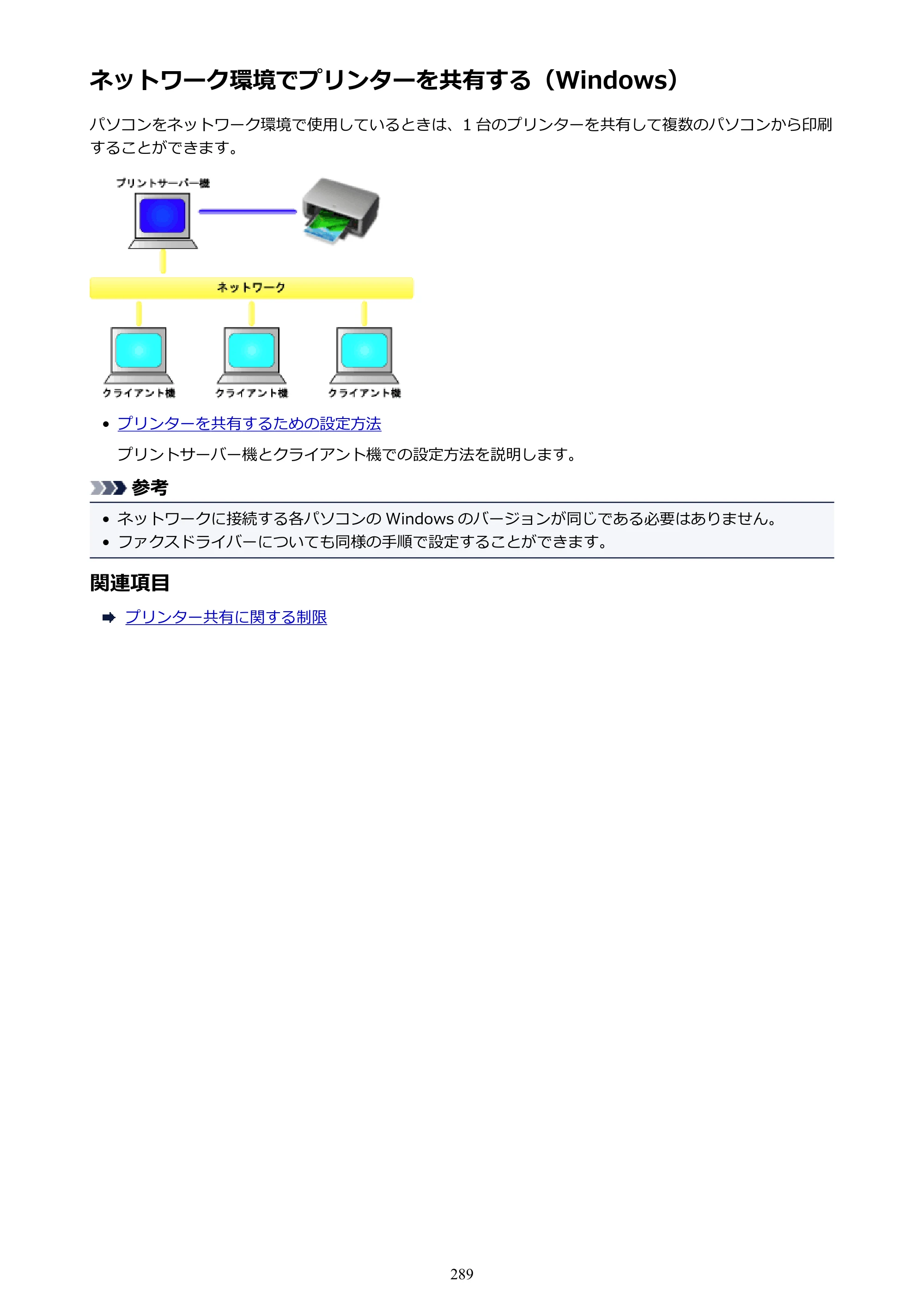 キヤノン PRO-2000 imagePROGRAF PRO-2000 （PDF） 電子マニュアル （Windows版） 2021年7月1日掲載（PDF：15.4MB） — ネットワーク環境でプリンターを共有する（Windows） — 原本ページ — 289ページ