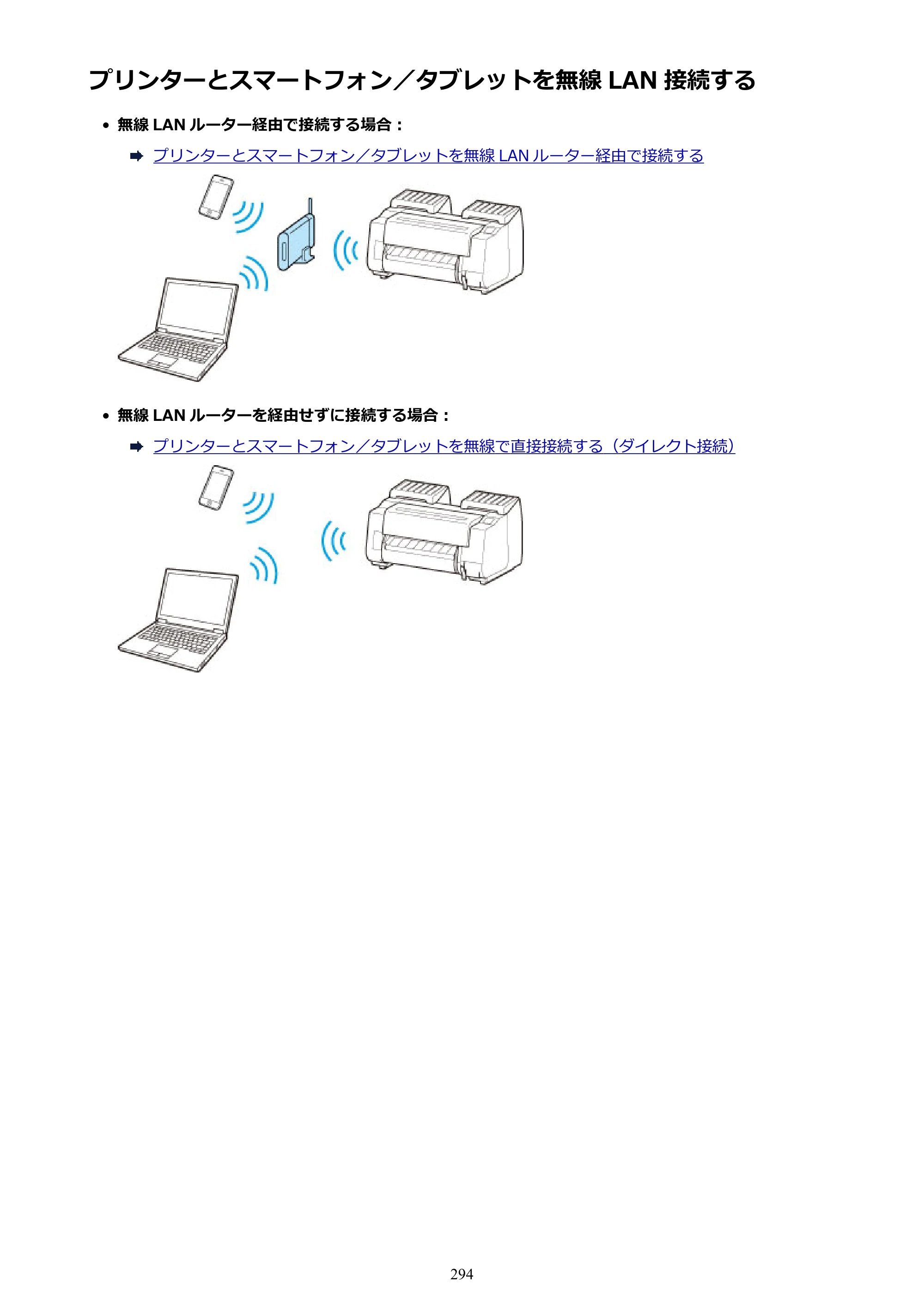 キヤノン PRO-2000 imagePROGRAF PRO-2000 （PDF） 電子マニュアル （Windows版） 2021年7月1日掲載（PDF：15.4MB） — プリンターとスマートフォン／タブレットを無線 LAN 接続する — 原本ページ — 294ページ