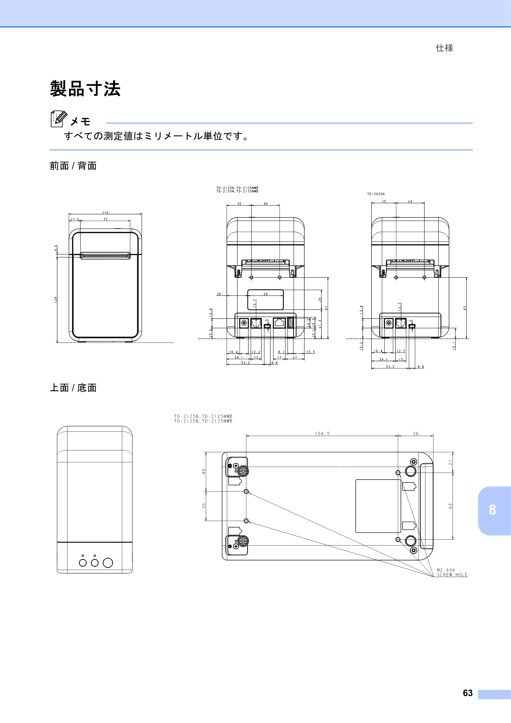 ブラザー TD-2135N/ 2135NSA / TD-2135NWB/ 2135NWBSA ユーザーズガイド — 製品寸法 — 原本ページ — 69ページ