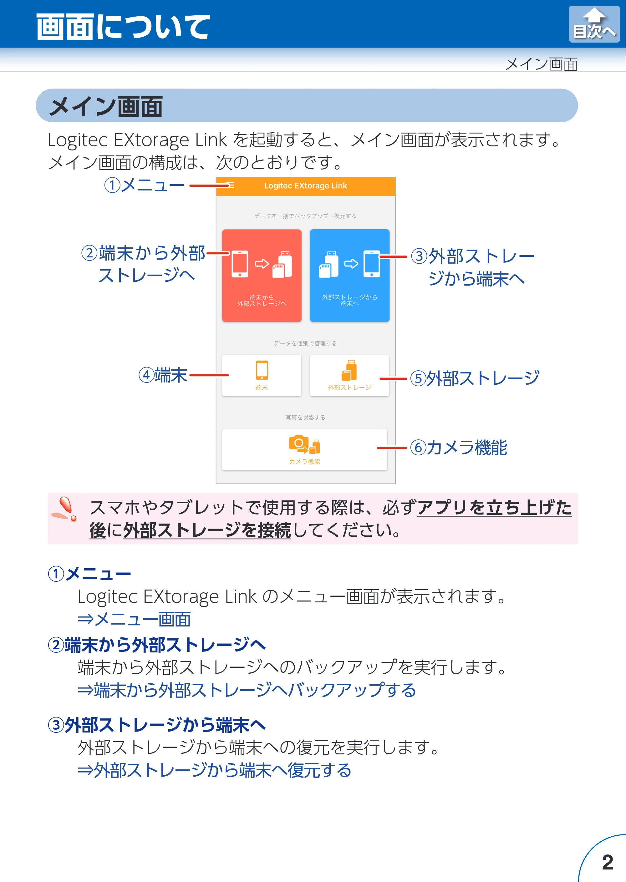 エレコム LMF-LGU3A016GBK / LMF-LGU3A032GBK / LMF-LGU3A064GBK Extorage Link for iOS ユーザーズガイド — メイン画面 — 原本ページ — 2ページ