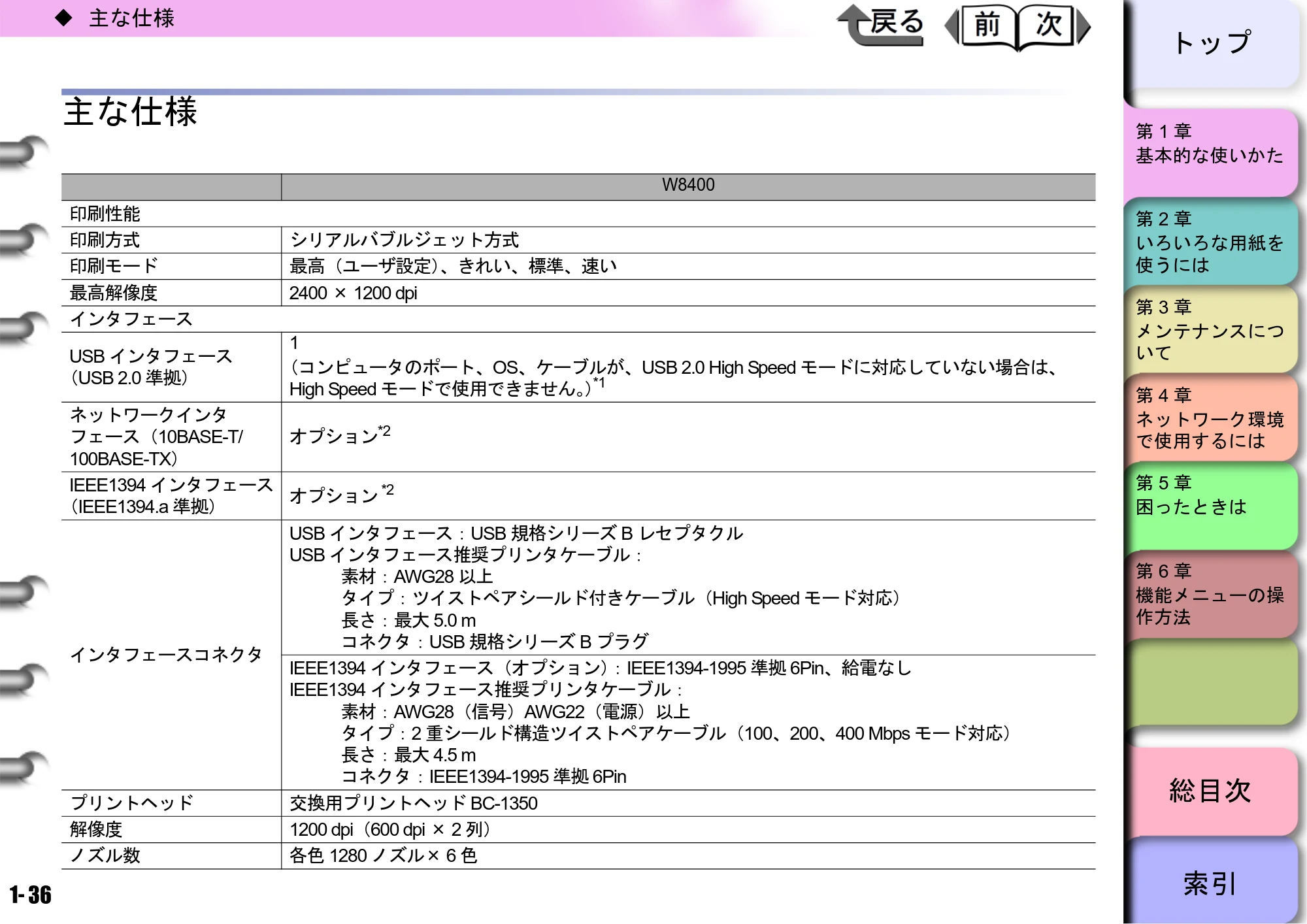 キヤノン W8400 PGインクモデル/染料インクモデル 共通マニュアル ユーザーズマニュアル （PDF形式／10.63Mバイト） — 主な仕様 — 原本ページ — 39ページ