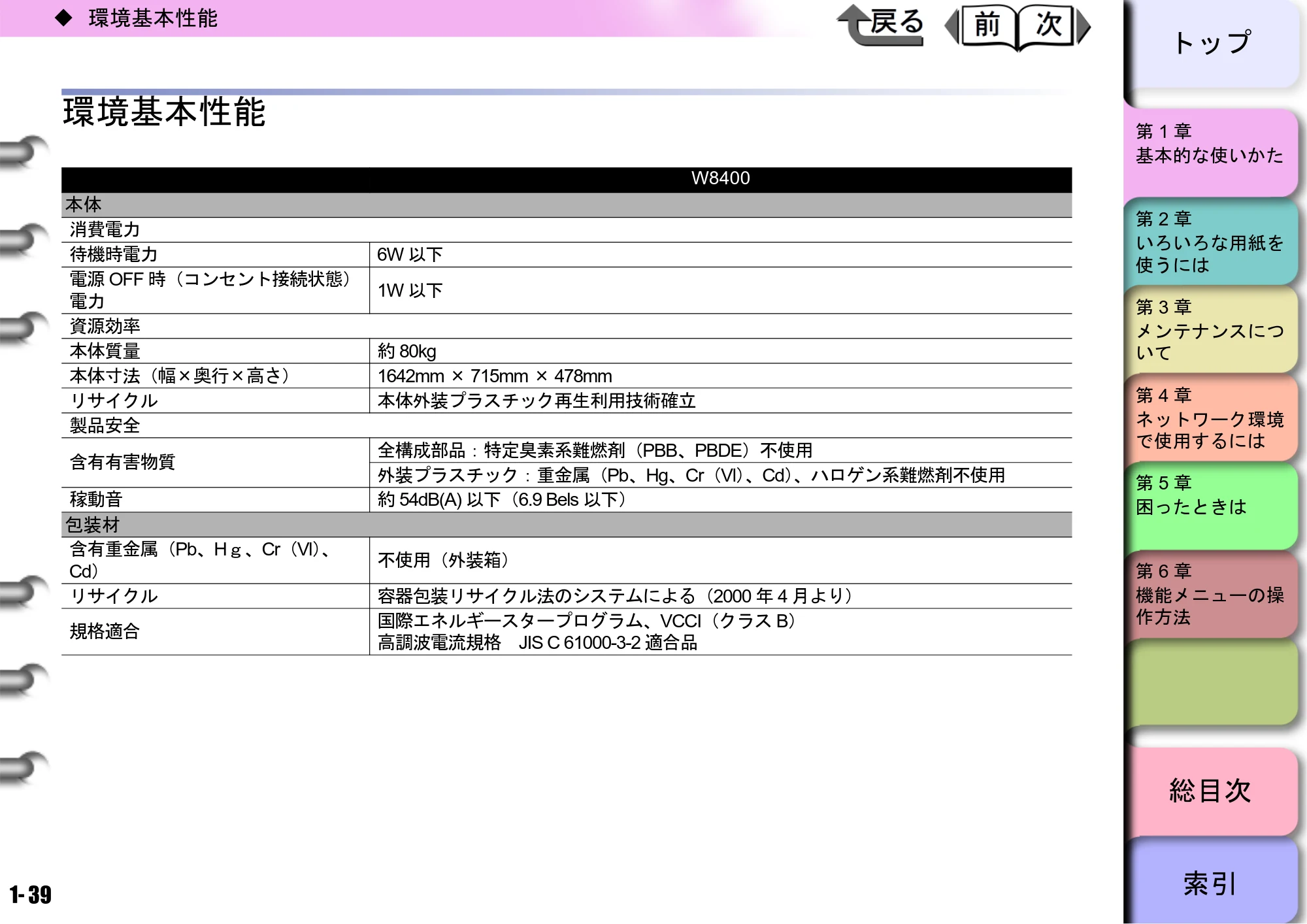 キヤノン W8400 PGインクモデル/染料インクモデル 共通マニュアル ユーザーズマニュアル （PDF形式／10.63Mバイト） — 環境基本性能 — 原本ページ — 42ページ