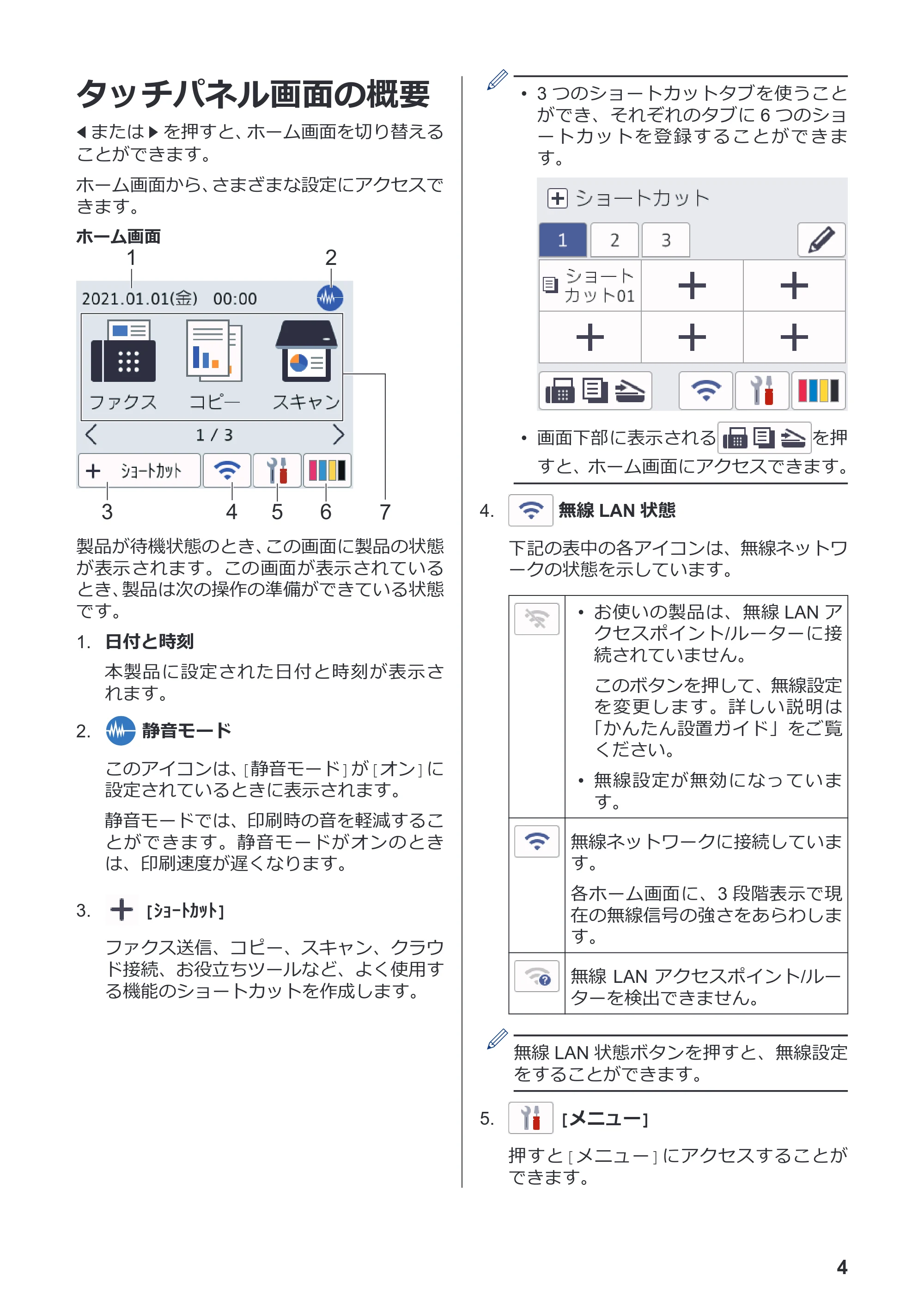 ブラザー MFC-J4940DN かんたん操作ガイド — タッチパネル画面の概要 — 原本ページ — 5ページ