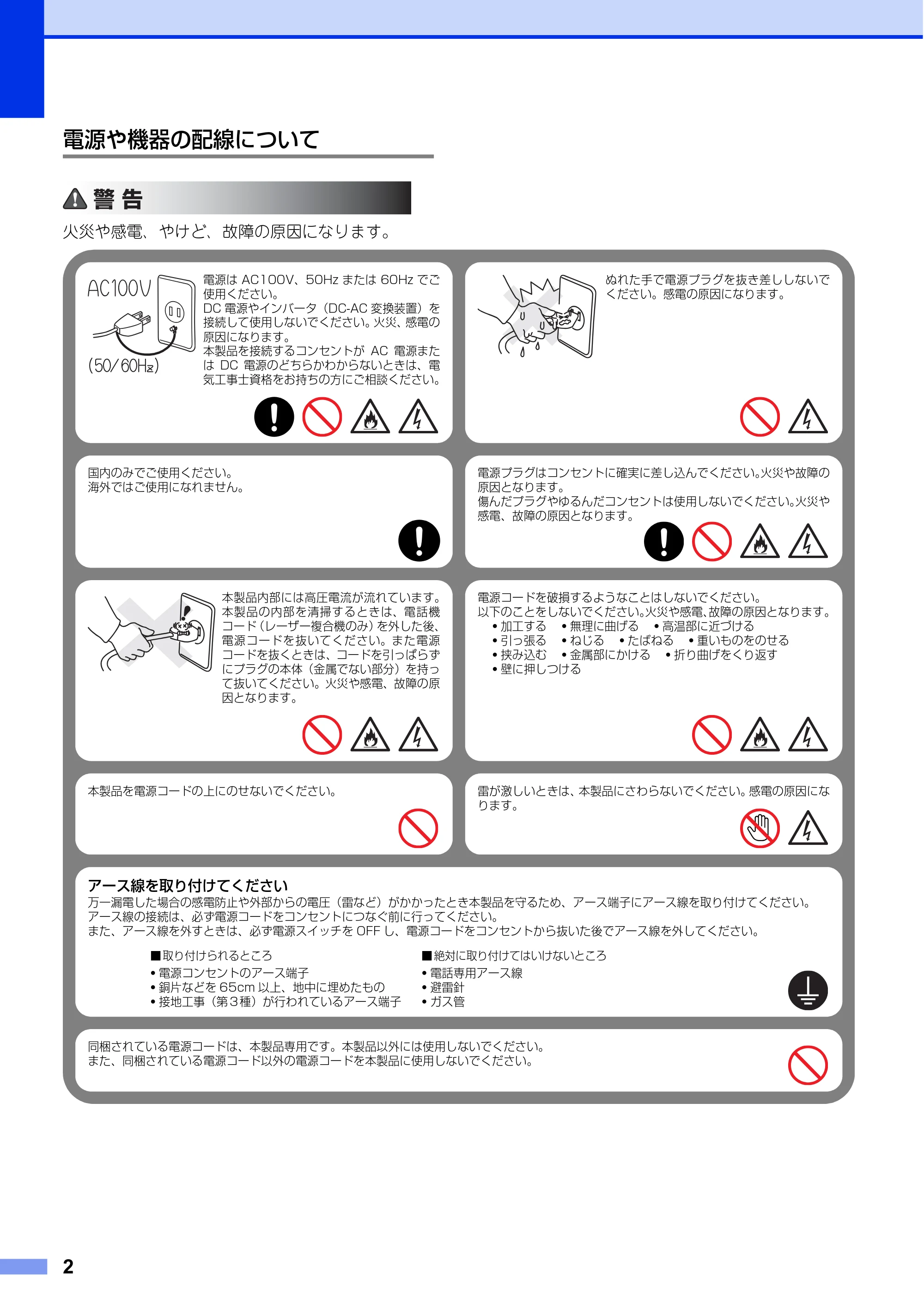 ブラザー FAX-2840 安全にお使いいただくために — 電源や機器の配線について — 原本ページ — 2ページ