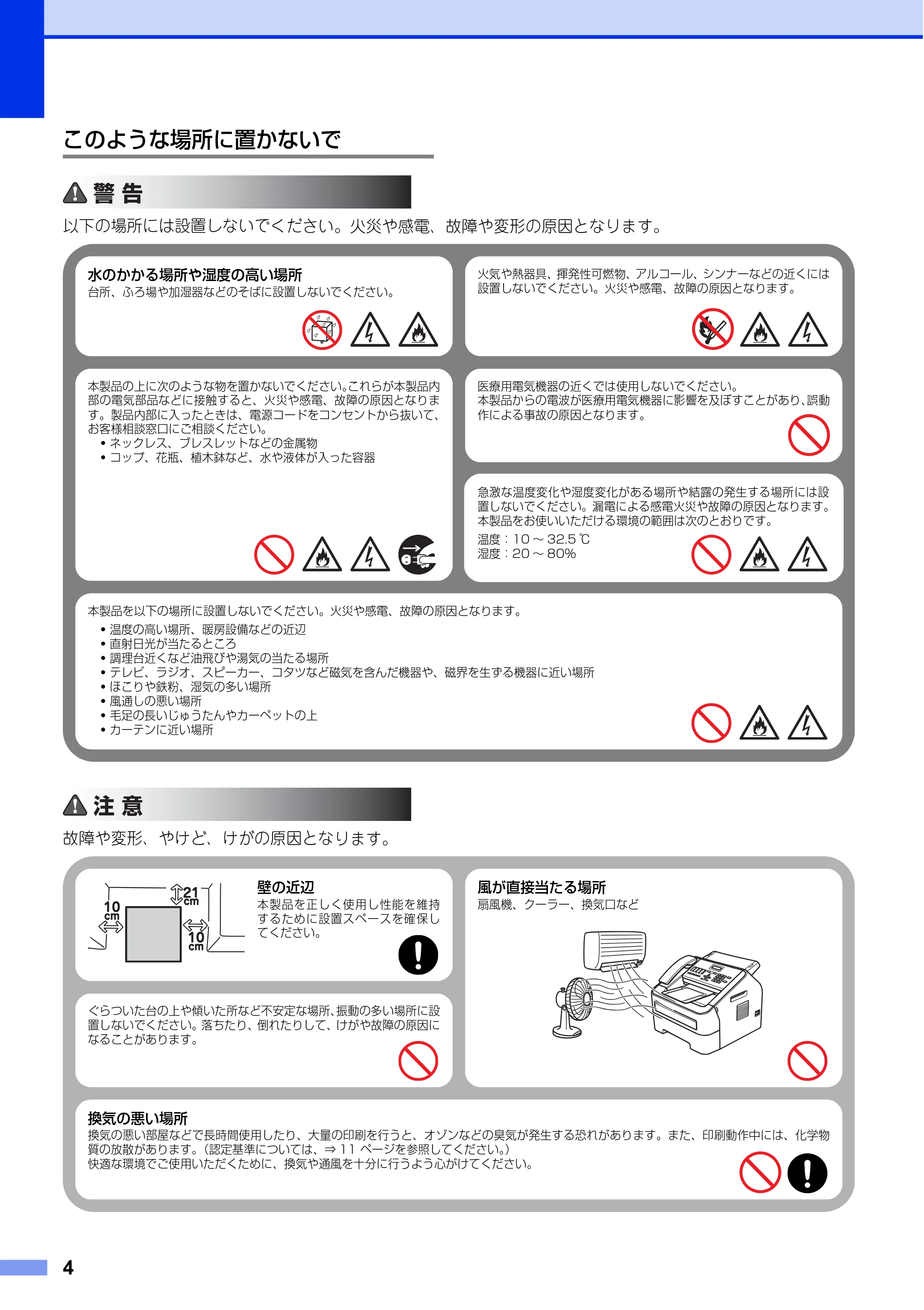 ブラザー FAX-2840 安全にお使いいただくために — このような場所に置かないで — 原本ページ — 4ページ
