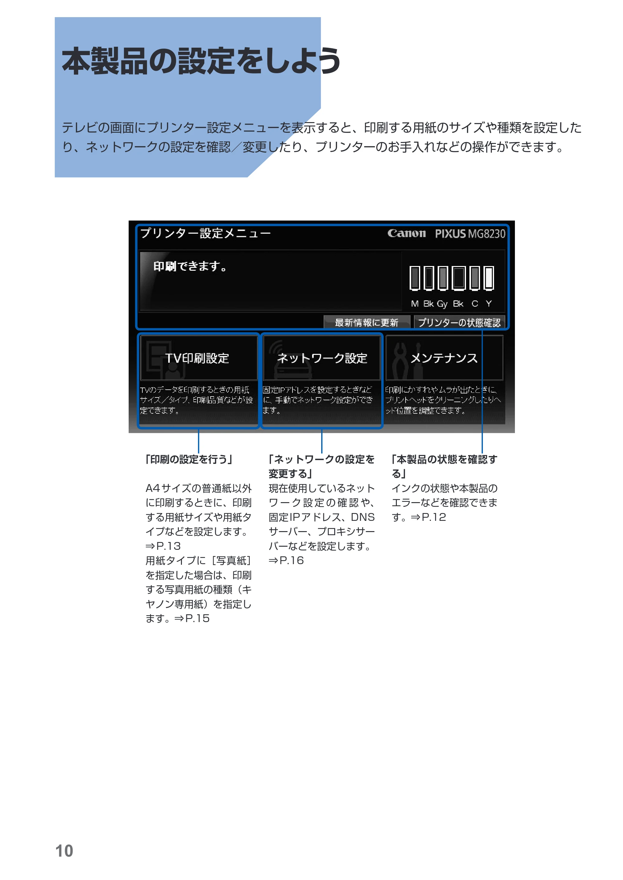 キヤノン PIXUS MG8230 デジタルテレビ印刷ガイド(PDF:2.16MB) — 本製品の設定をしよう — 原本ページ — 11ページ