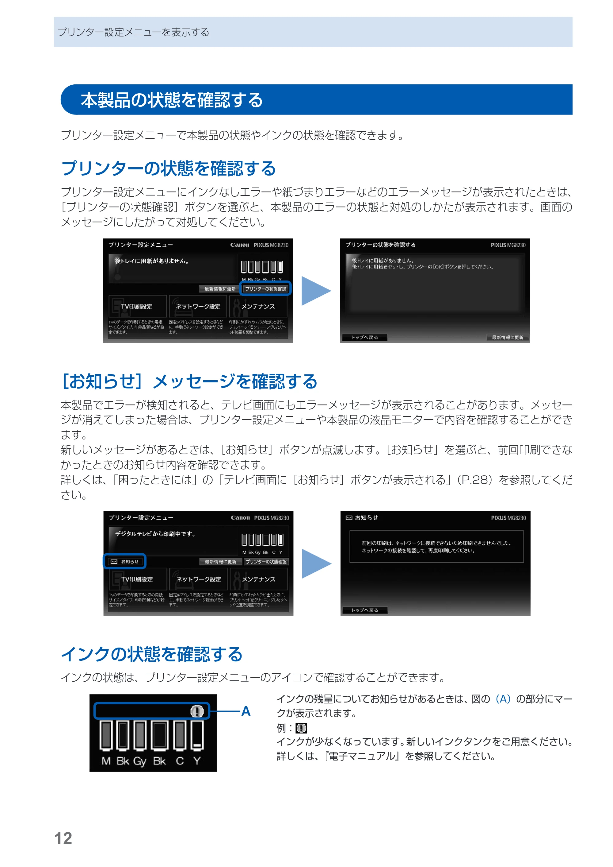 キヤノン PIXUS MG8230 デジタルテレビ印刷ガイド(PDF:2.16MB) — 本製品の状態を確認する — 原本ページ — 13ページ
