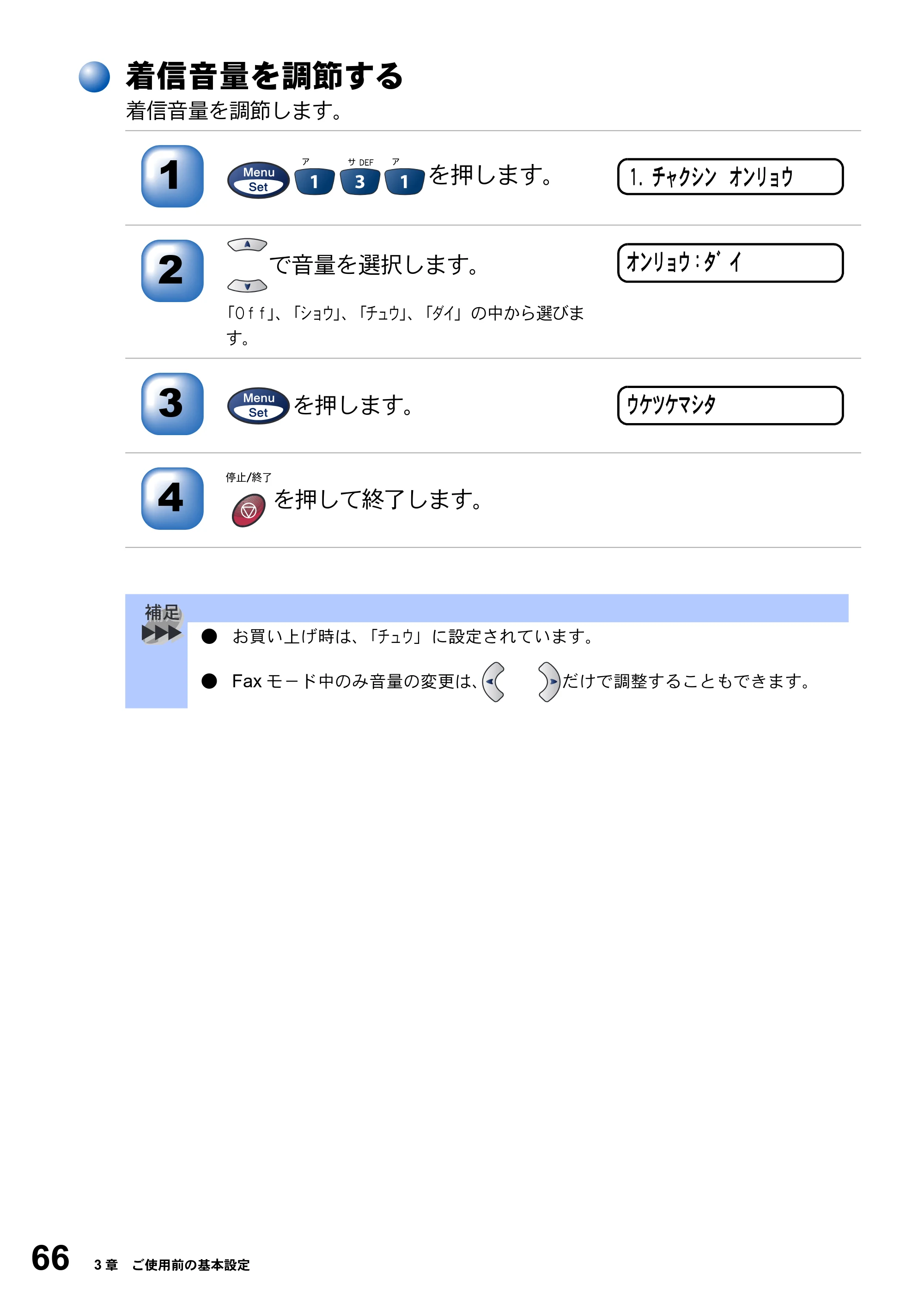 ブラザー MFC-3820JN 取扱説明書（本体） — 着信音量を調節する — 原本ページ — 66ページ