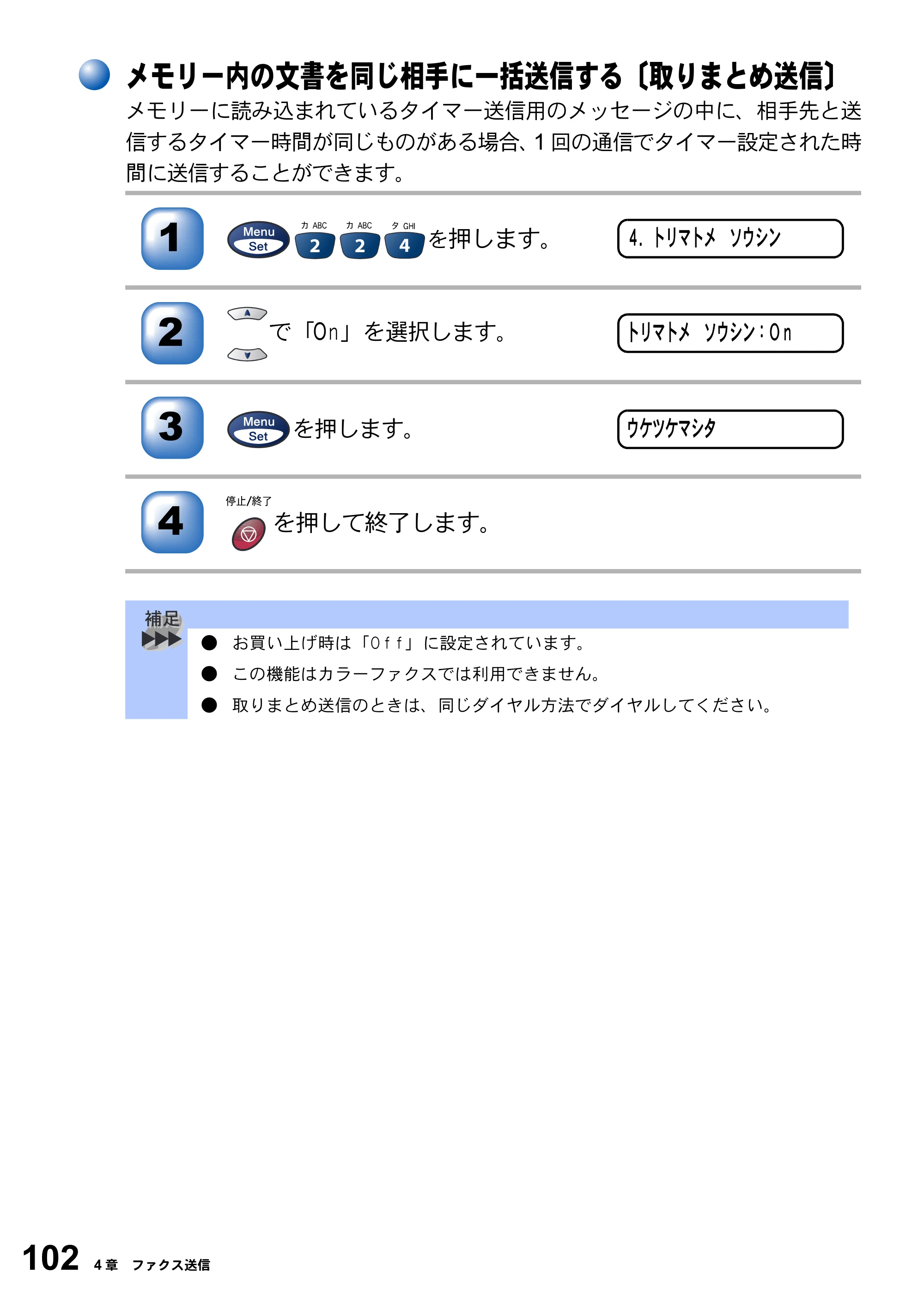ブラザー MFC-3820JN 取扱説明書（本体） — メモリー内の文書を同じ相手に一括送信する〔取りまとめ送信〕 — 原本ページ — 102ページ