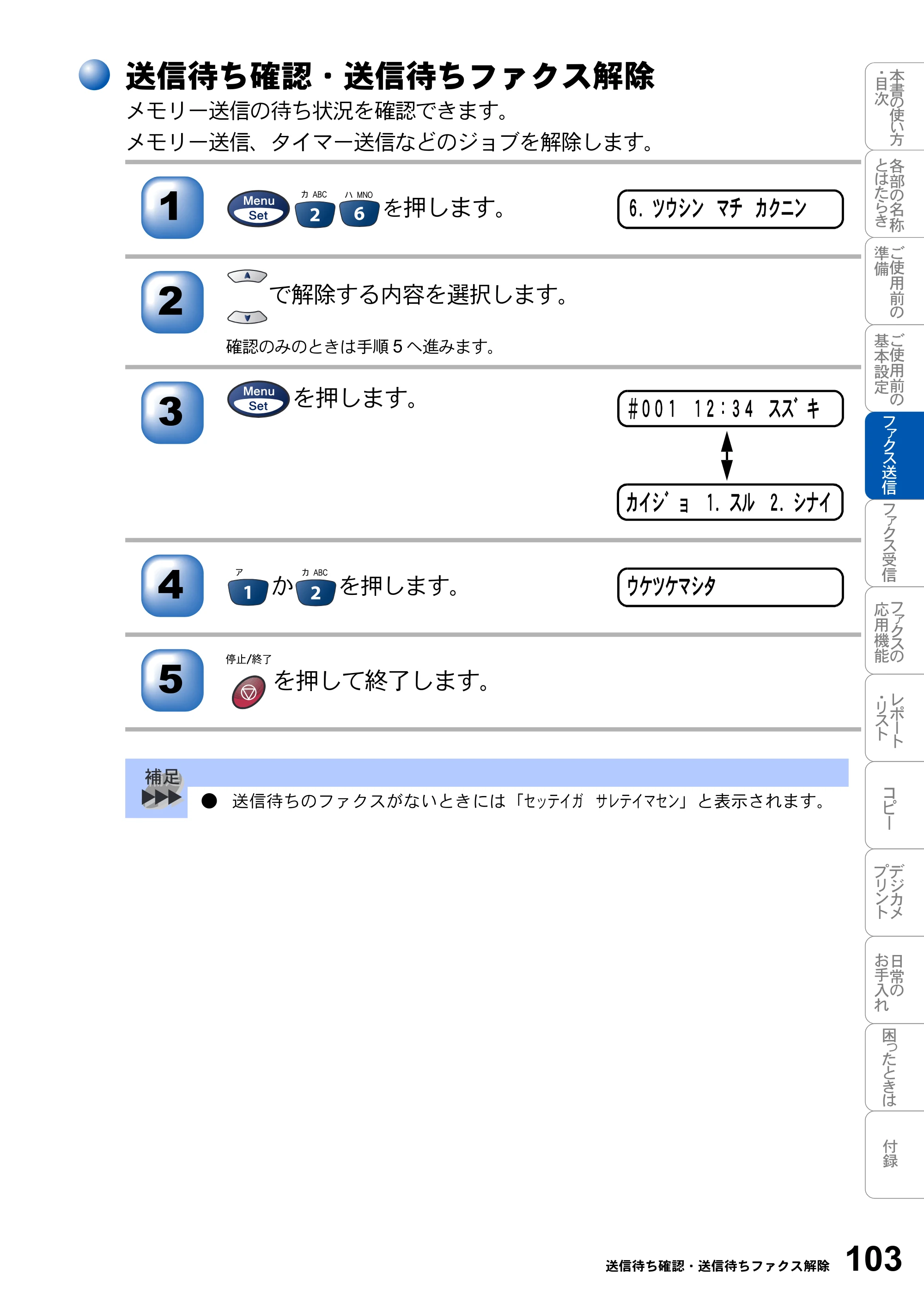 ブラザー MFC-3820JN 取扱説明書（本体） — 送信待ち確認・送信待ちファクス解除 — 原本ページ — 103ページ