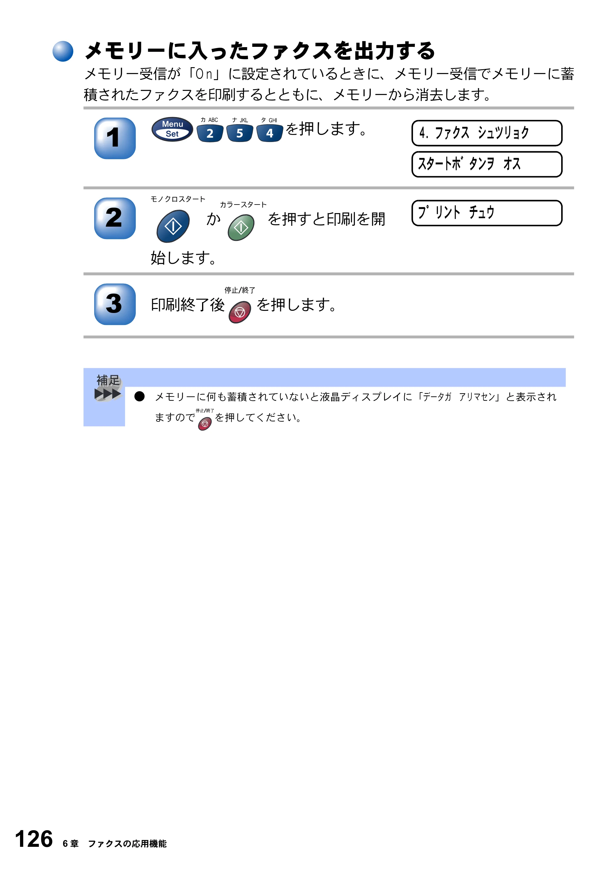 ブラザー MFC-3820JN 取扱説明書（本体） — メモリーに入ったファクスを出力する — 原本ページ — 126ページ