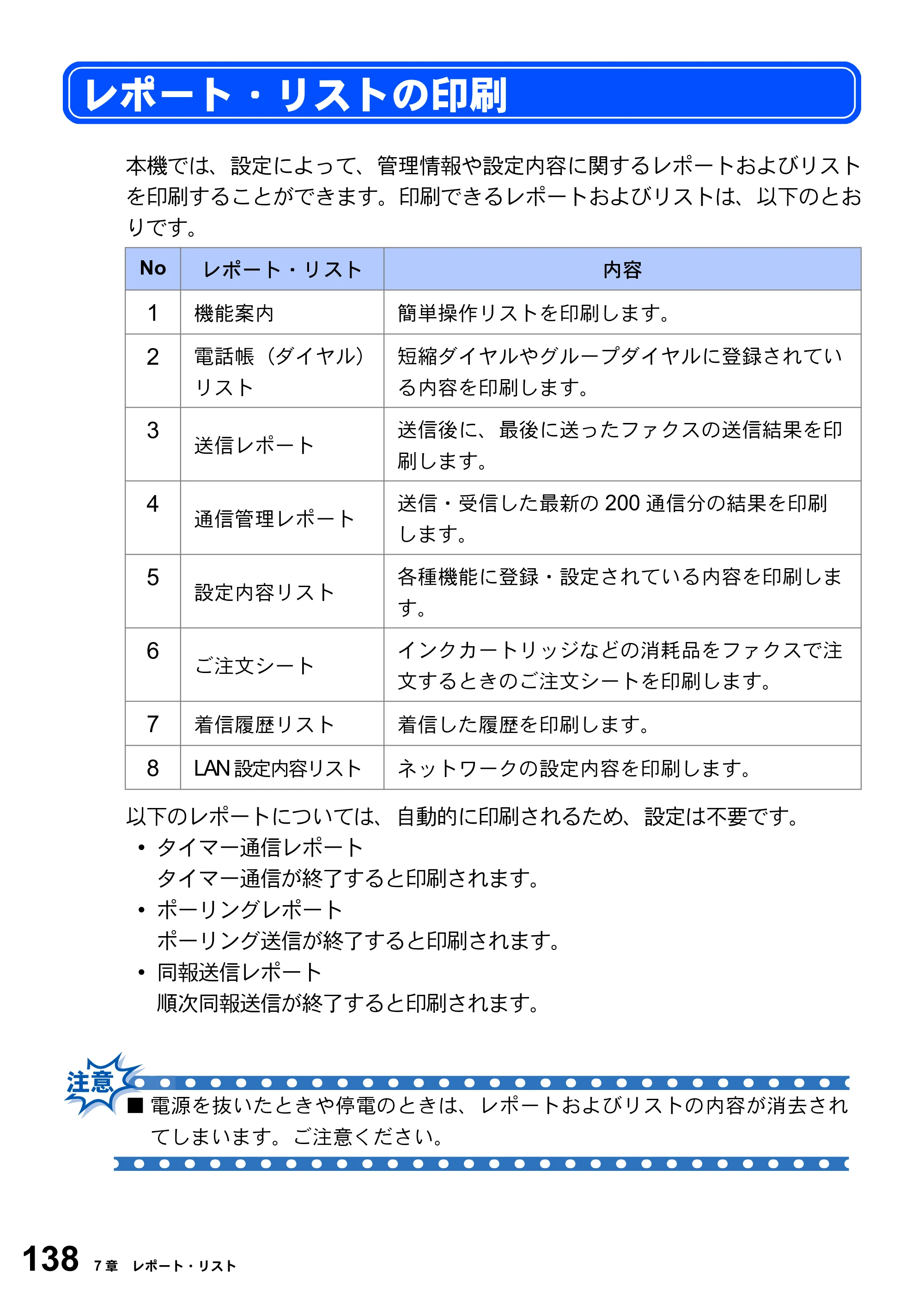 ブラザー MFC-3820JN 取扱説明書（本体） — レポート・リストの印刷 — 原本ページ — 138ページ