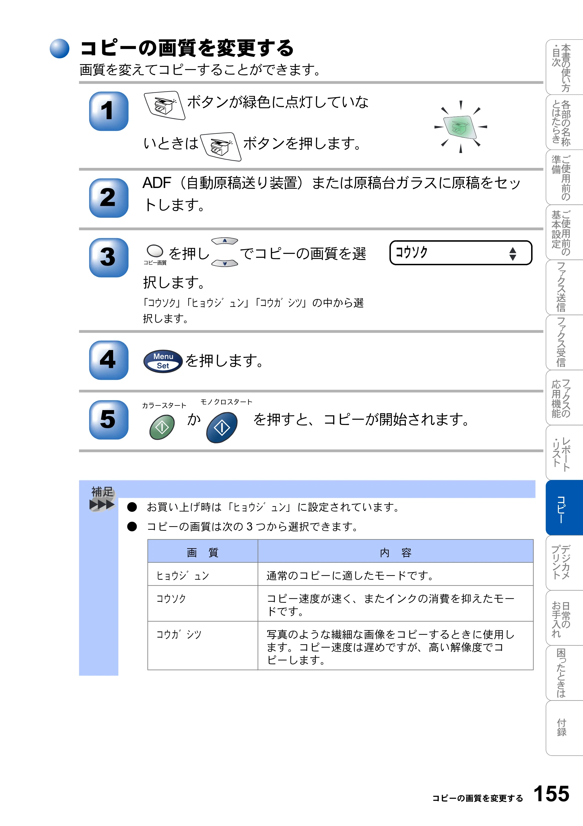 ブラザー MFC-3820JN 取扱説明書（本体） — コピーの画質を変更する — 原本ページ — 155ページ