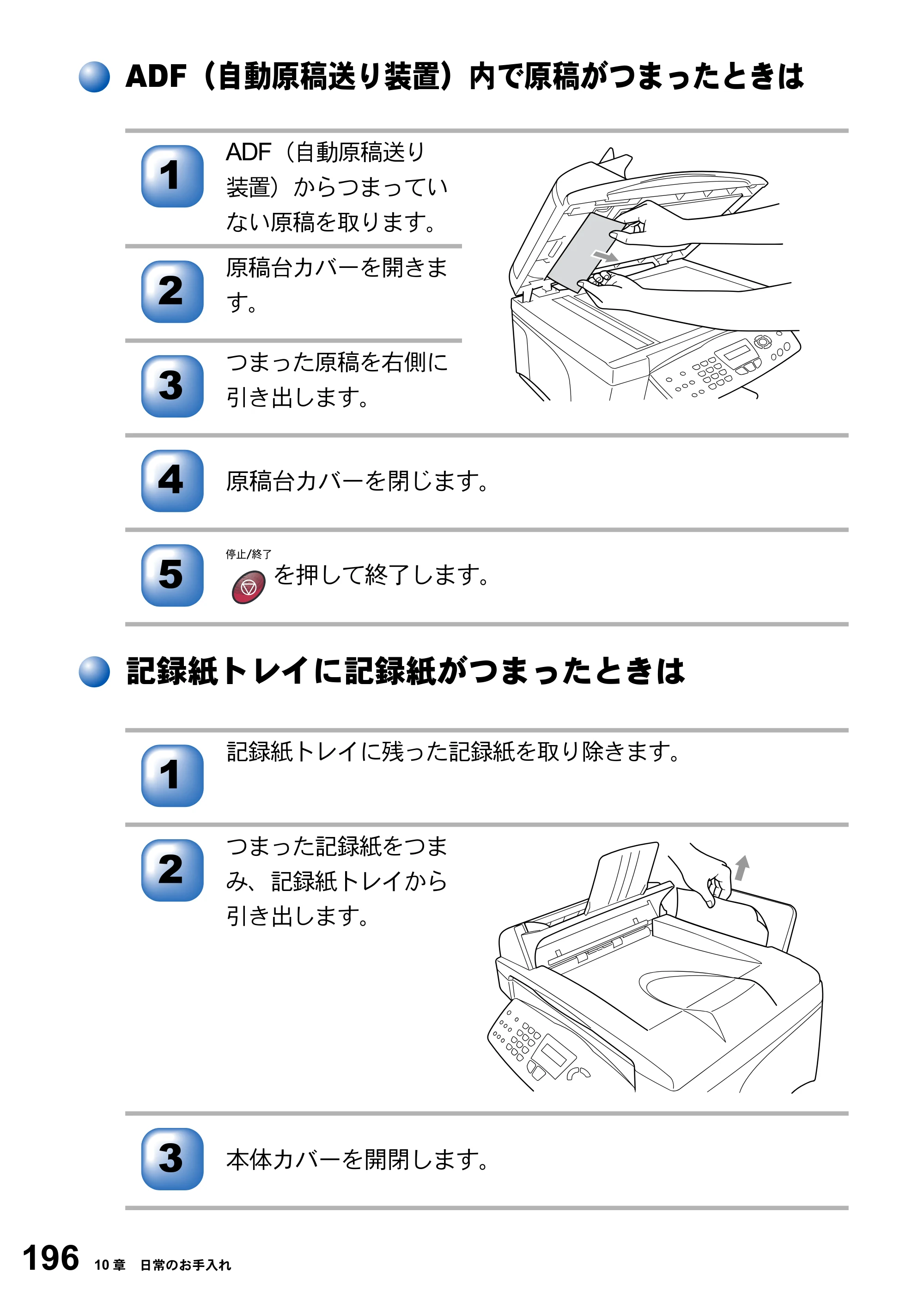 ブラザー MFC-3820JN 取扱説明書（本体） — ADF（自動原稿送り装置）内で原稿がつまったときは — 原本ページ — 196ページ