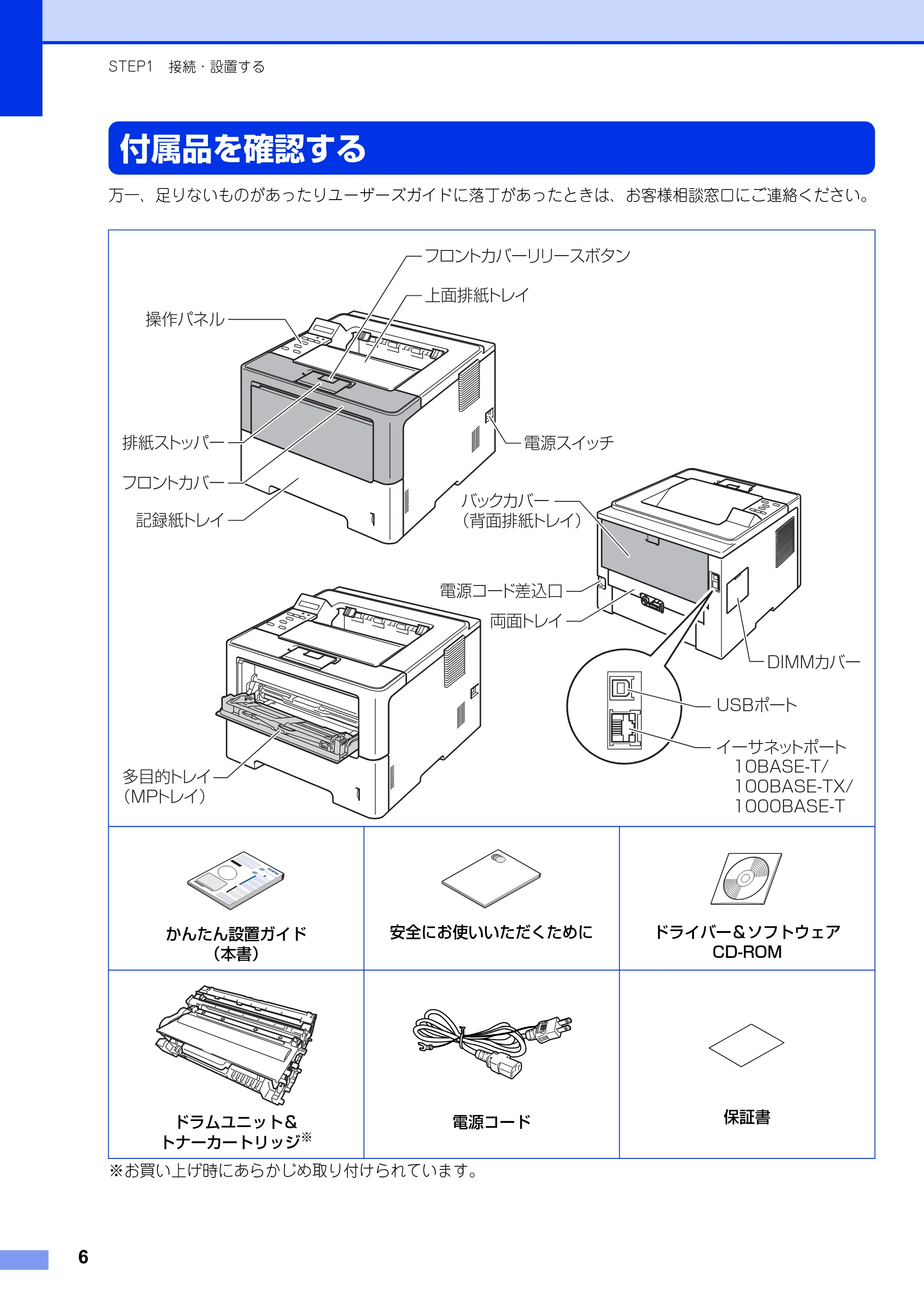 ブラザー HL-6180DW かんたん設置ガイド — STEP1 接続・設置する — 原本ページ — 6ページ