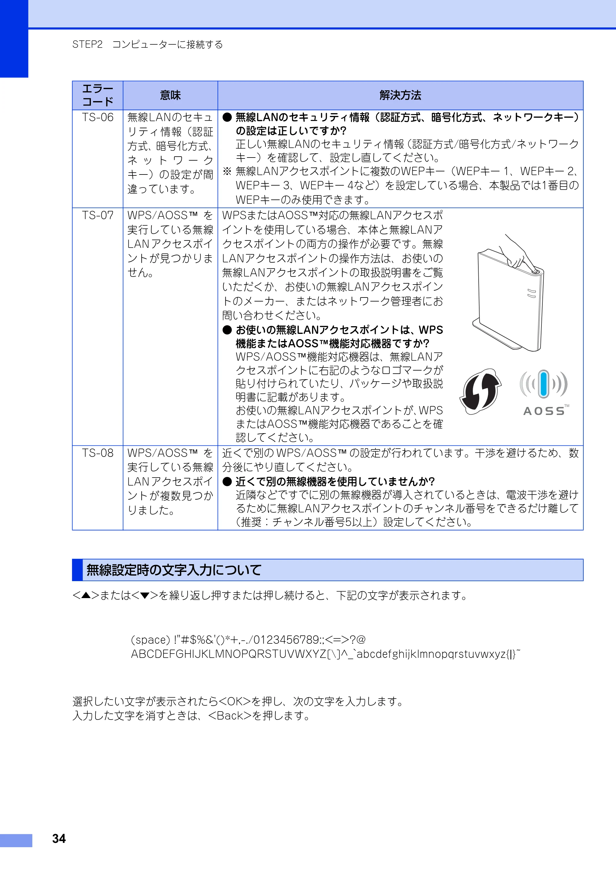 ブラザー HL-6180DW かんたん設置ガイド — 無線設定時の文字入力について — 原本ページ — 34ページ