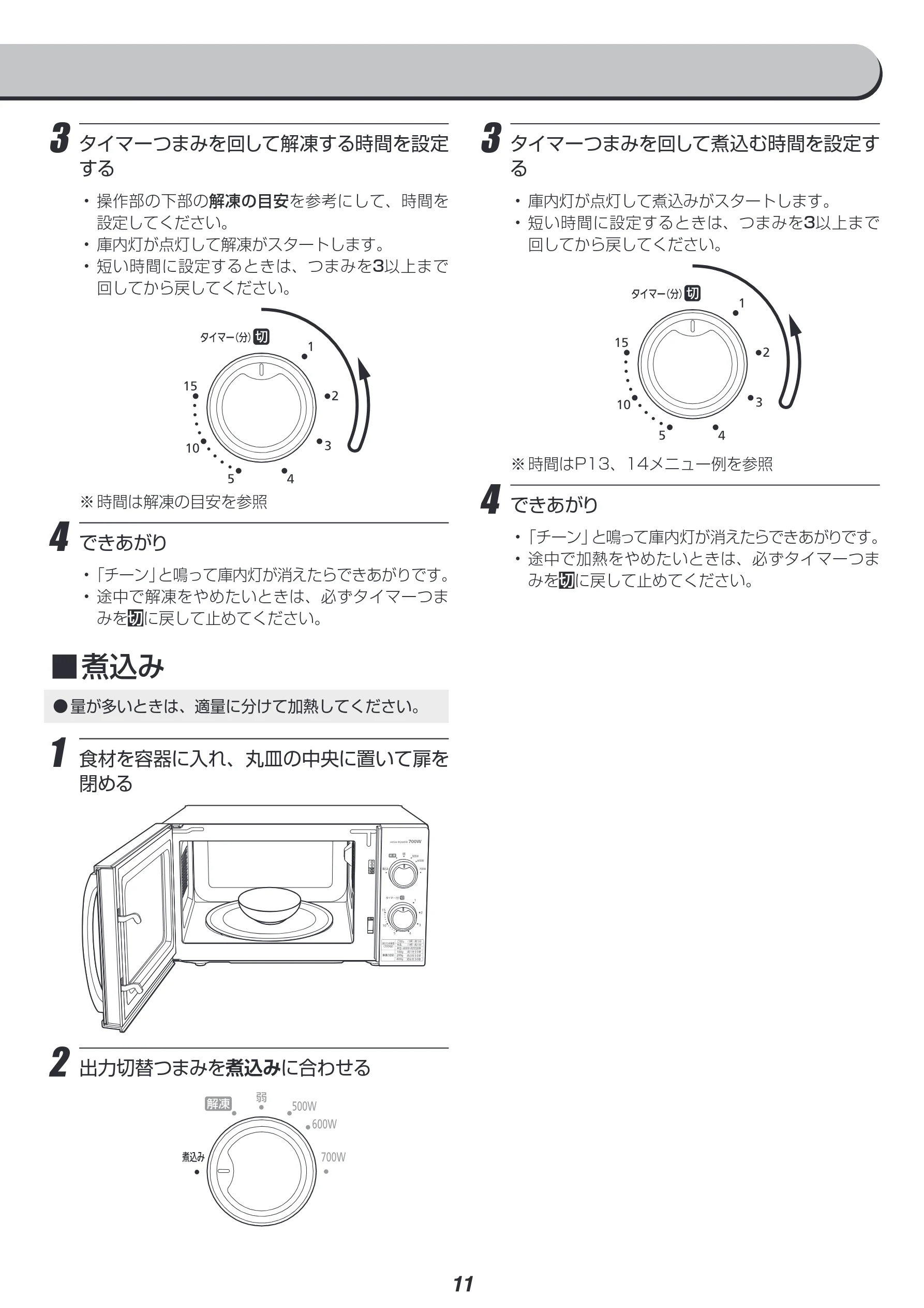 アイリスオーヤマ IMG-T177 取扱説明書 — 3 タイマーつまみを回して解凍する時間を設定 する — 図版 11-1 — 11ページ