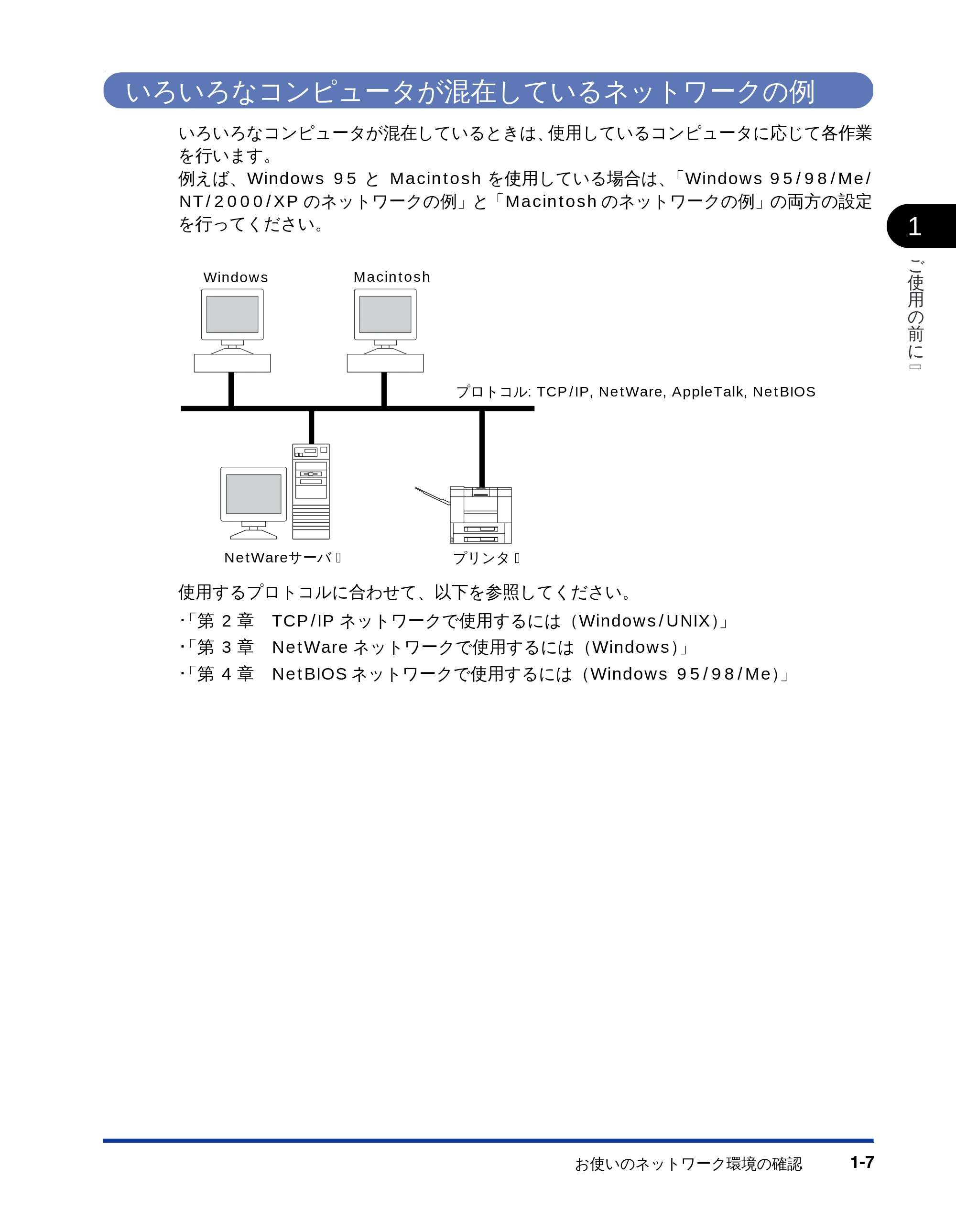 キヤノン LBP-1810 ネットワークガイド (PDF形式/5.9Mバイト) — いろいろなコンピュータが混在しているネットワークの例 — 原本ページ — 15ページ