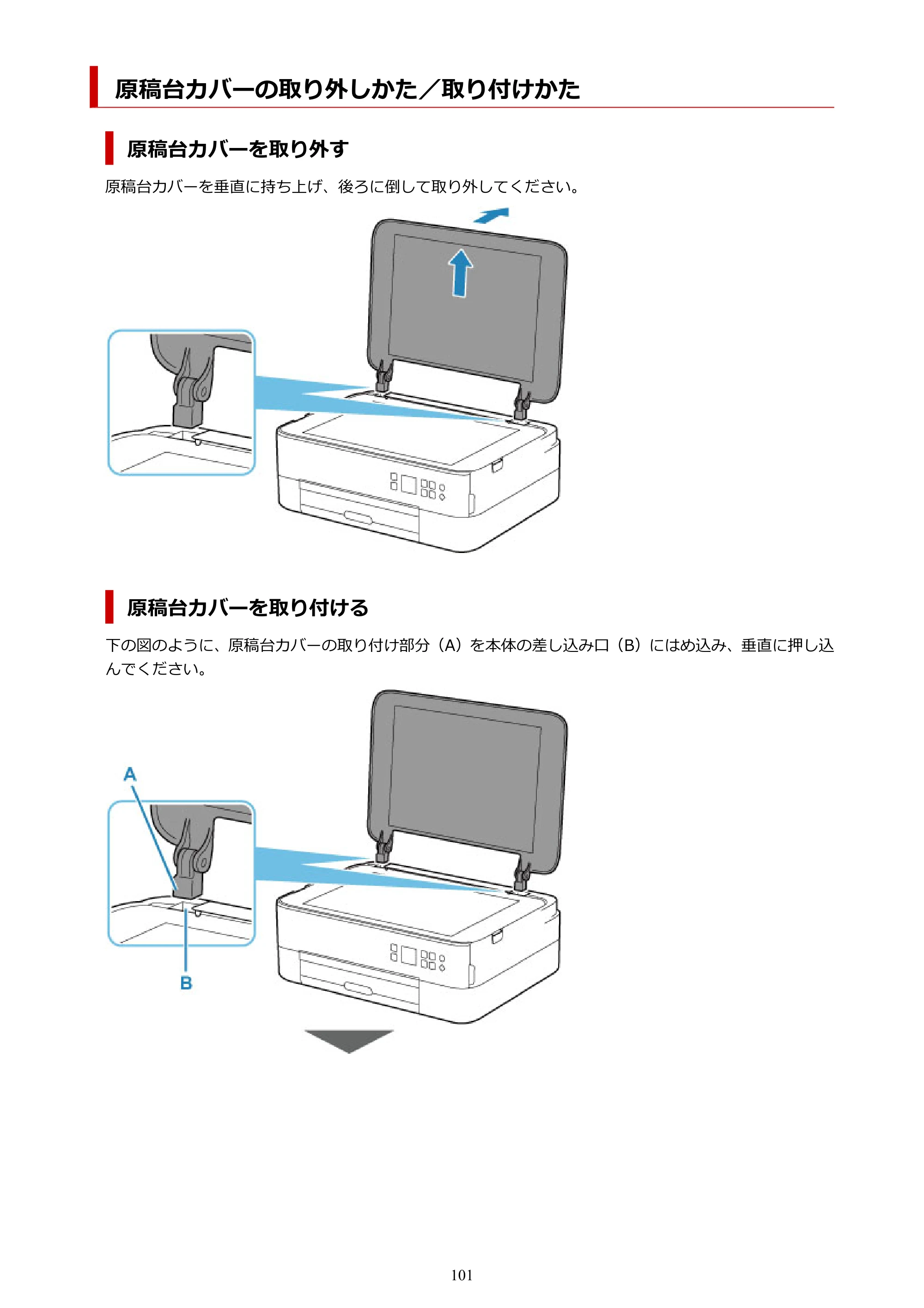 キヤノン PIXUS TS5330 オンラインマニュアル PDF版（Windows版） — 原稿台カバーの取り外しかた／取り付けかた — 原本ページ — 101ページ