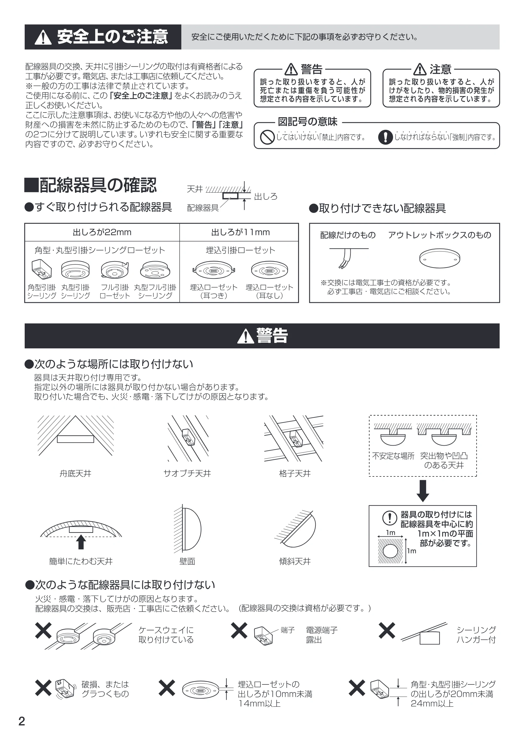 アイリスオーヤマ LEDシーリングライト 6～8畳用 ＳＧ-8ＤＬ 取扱説明書 — ロ =z) BacRA SOR 天井てws ⑯すぐ取り付けられる配線器具 RRR 人取り付けできない配線器具 — 図版 2-1 — 2ページ
