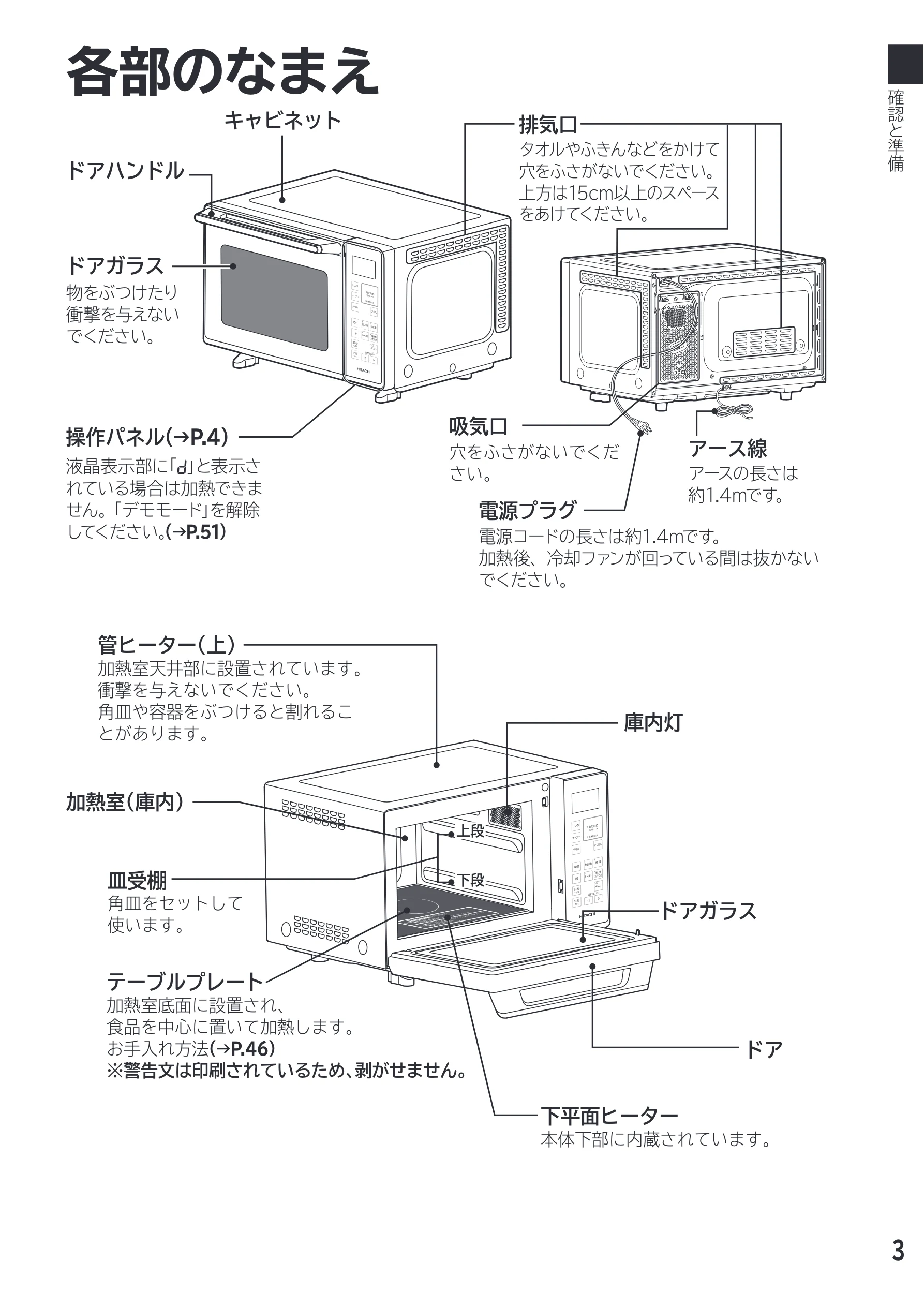 日立 MRO-F18D 取扱説明書 — 各部のなまえ — 図版 3-1 — 3ページ