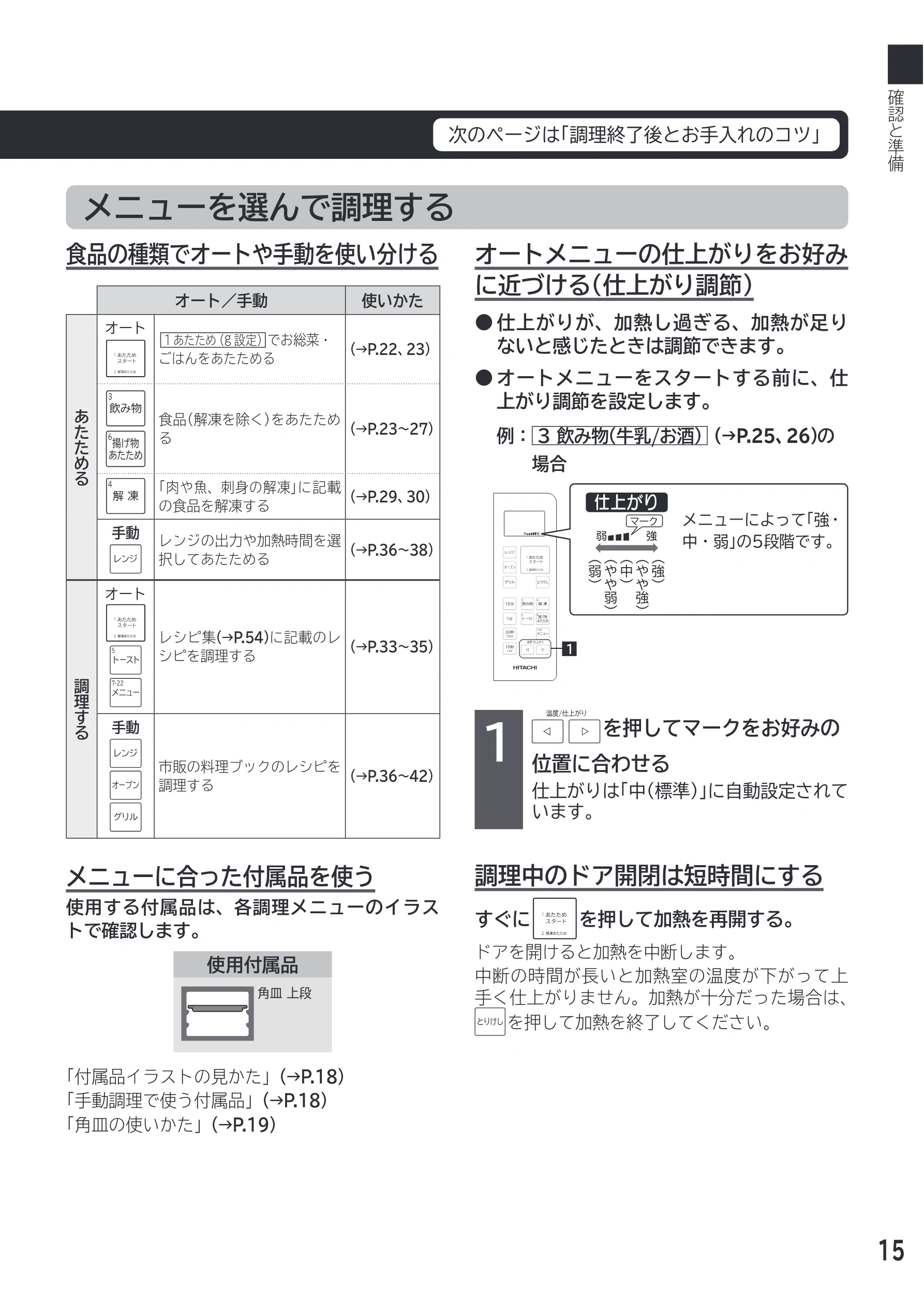 日立 MRO-F18D 取扱説明書 — メニューを選んで調理する — 図版 15-1 — 15ページ