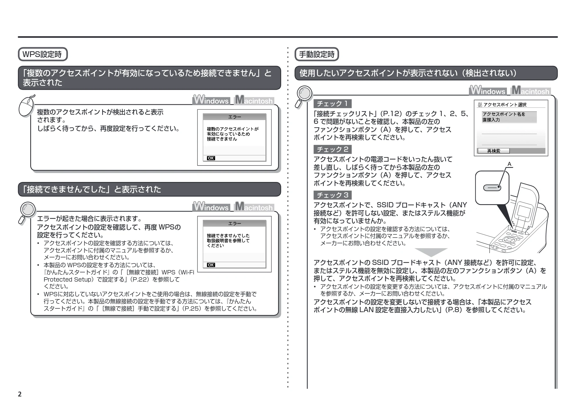 キヤノン PIXUS MP560 ネットワーク設置で困ったときには (PDF形式/2.68Mバイト) — WPS設定時 — 原本ページ — 4ページ